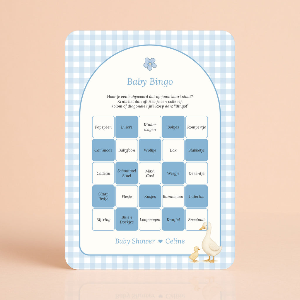 Baby Bingo kaart in gingham blauw met gansje, gepersonaliseerd met naam, Studio Miron