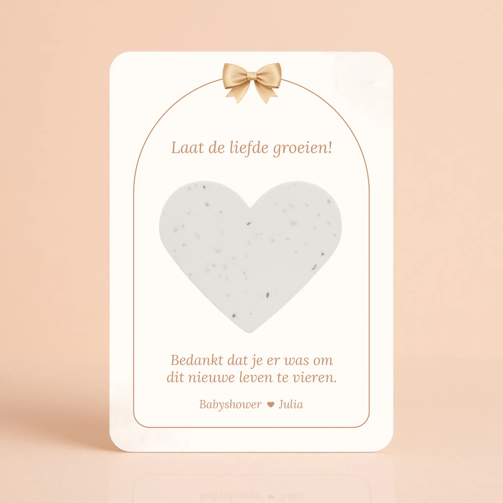 Babyshower cadeau en bedankje met zaadpapier hart Boho Strik – gepersonaliseerd kaartje met hart van zaadpapier, Studio Miron