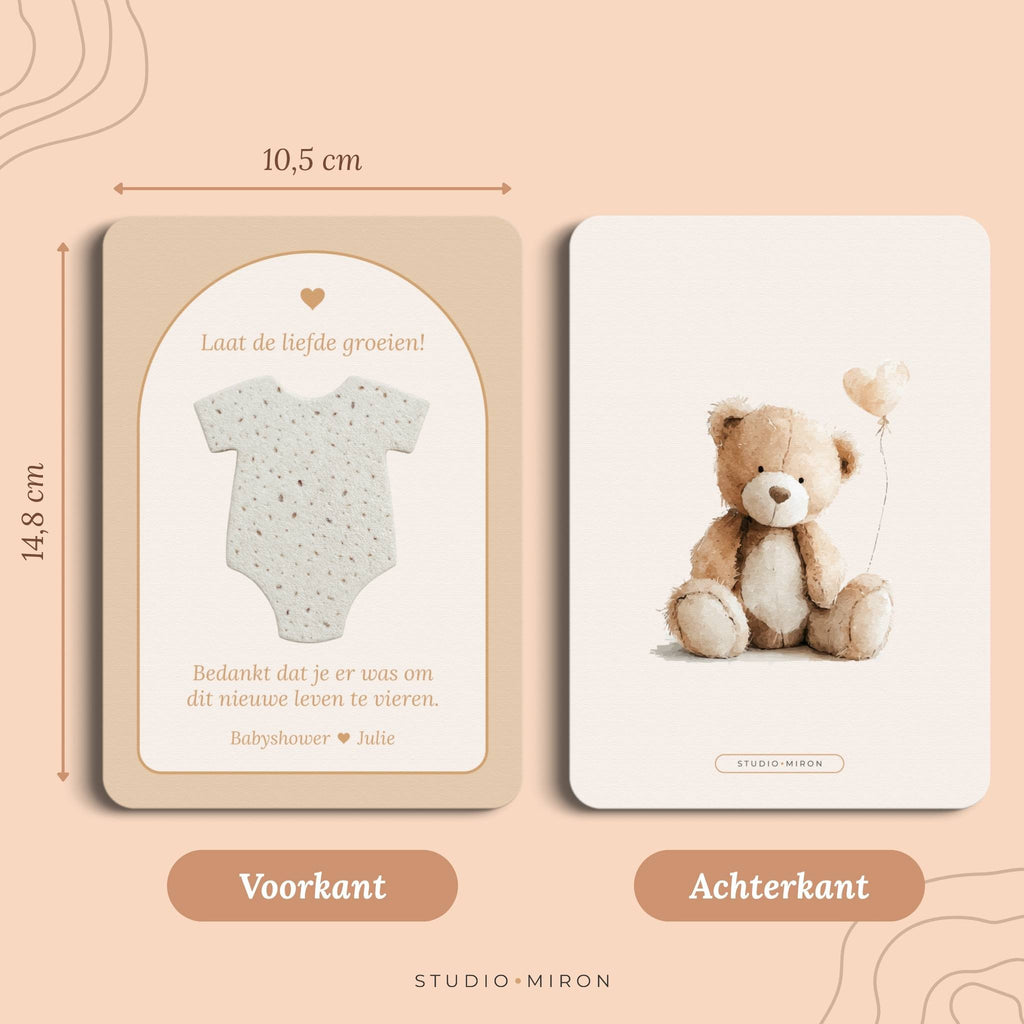 Babyshower cadeau Zaadpapier Rompertje in Boho Beige Zand stijl, formaat voorkant en achterkant – Studio Miron