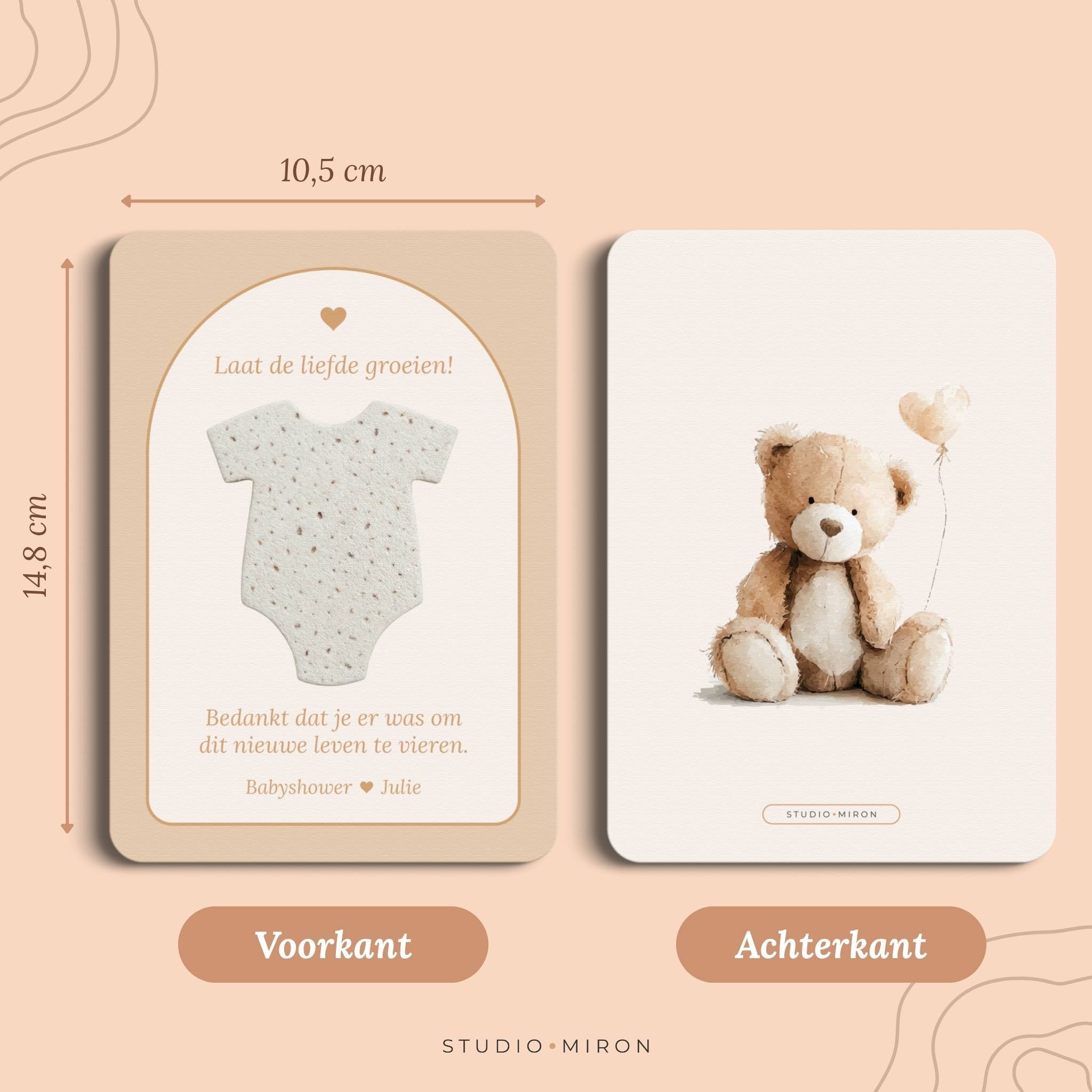 Babyshower cadeau Zaadpapier Rompertje in Boho Beige Zand stijl, formaat voorkant en achterkant – Studio Miron