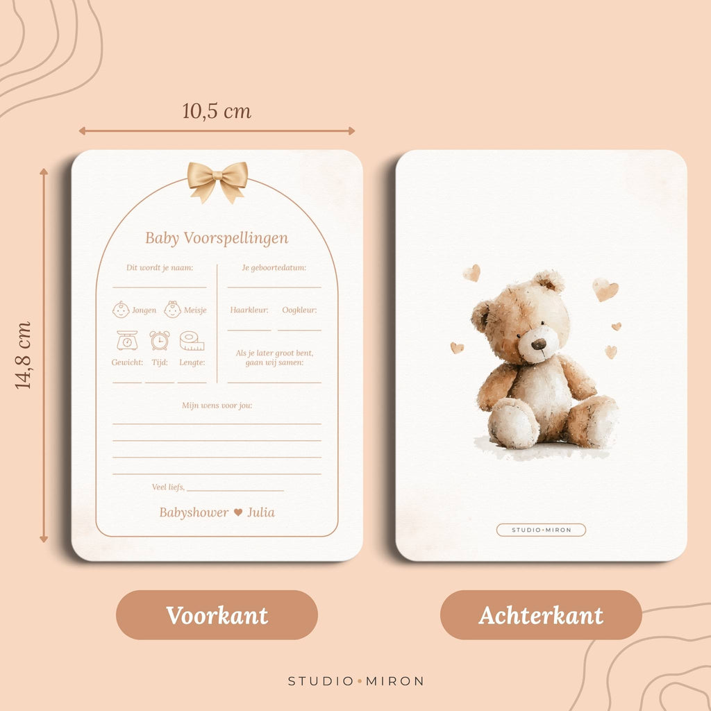 Babyshower invulkaarten Baby Voorspelling in Boho Beige Beertje stijl, formaat voorkant en achterkant – Studio Miron