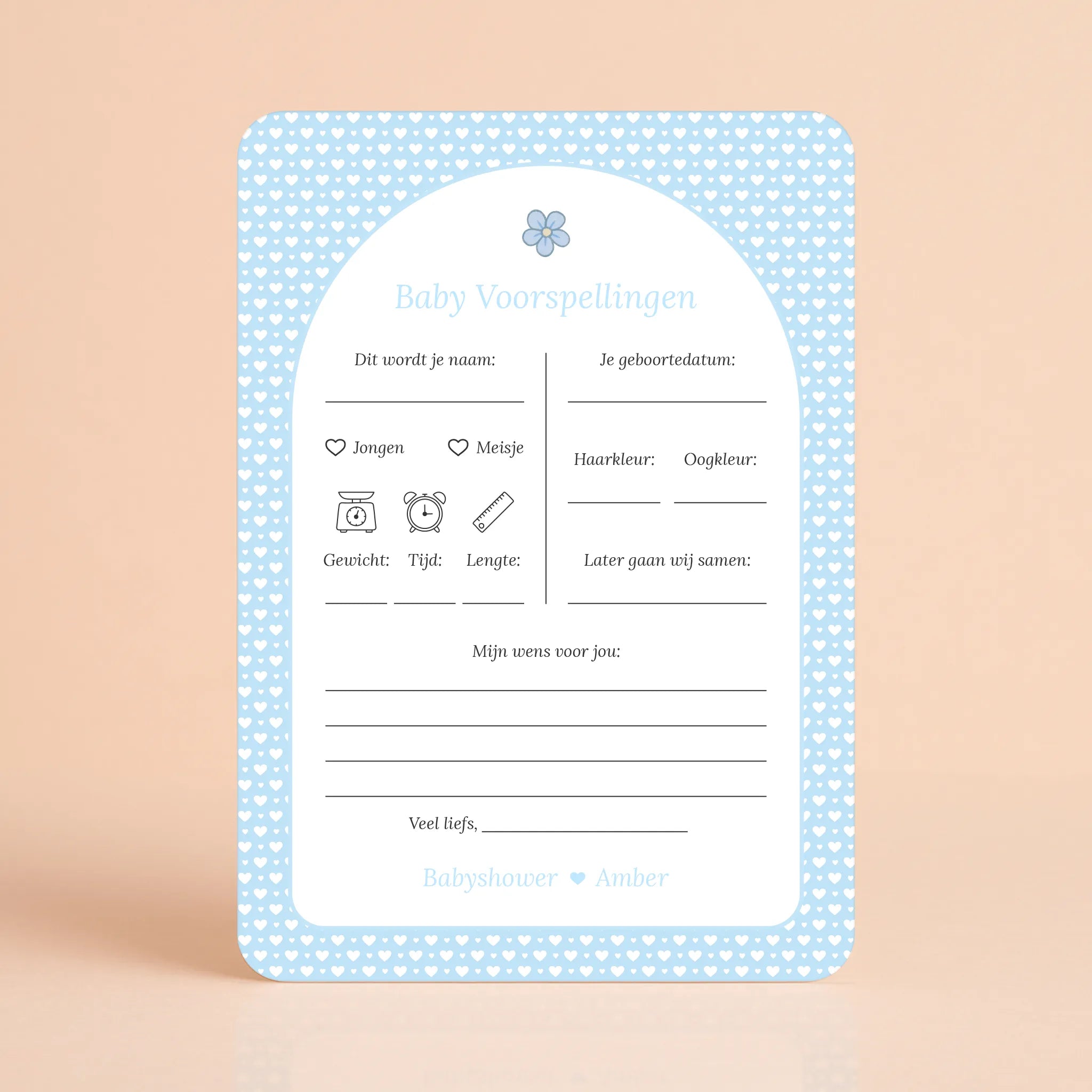 Babyshower invulkaart Baby Voorspellingen in Blauwe Hartjes stijl, gepersonaliseerd met naam – Studio Miron