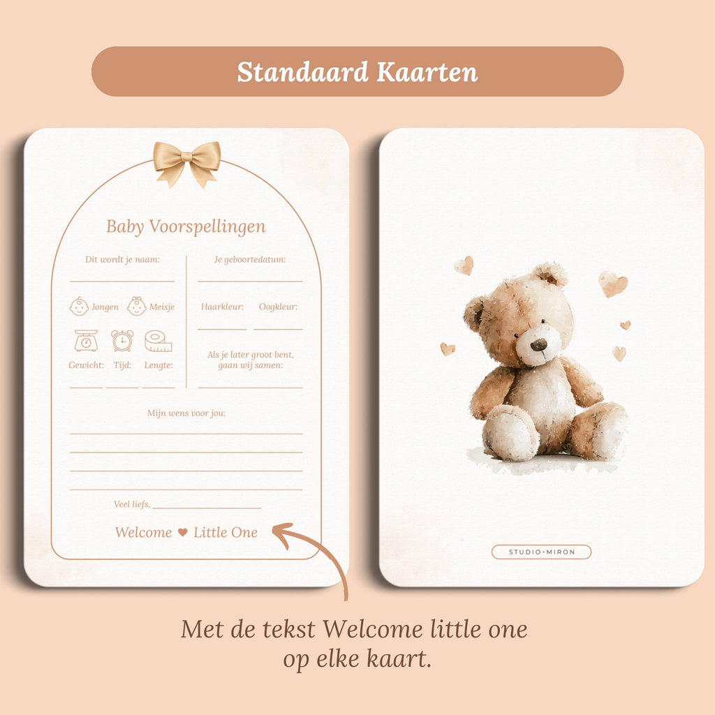 Babyshower invulkaarten baby voorspellingen boho beige beertje standaard voor en achter Studio Miron
