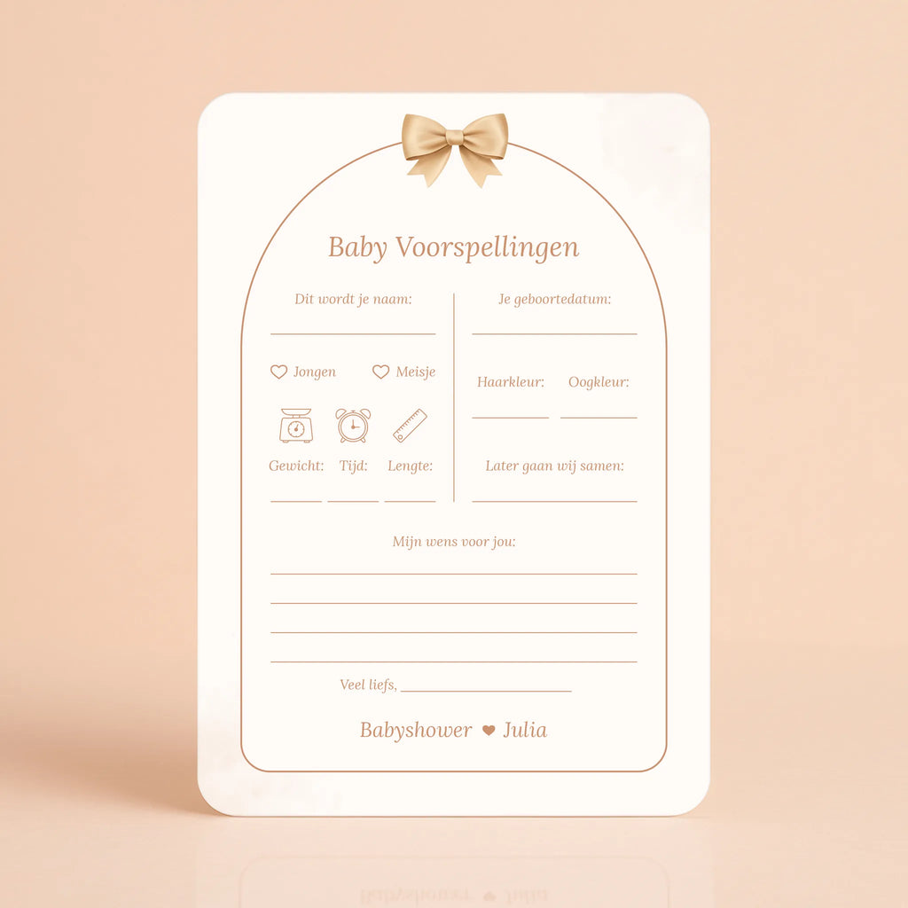 Babyshower invulkaart Baby Voorspellingen in Boho Strik stijl, gepersonaliseerd met naam – Studio Miron