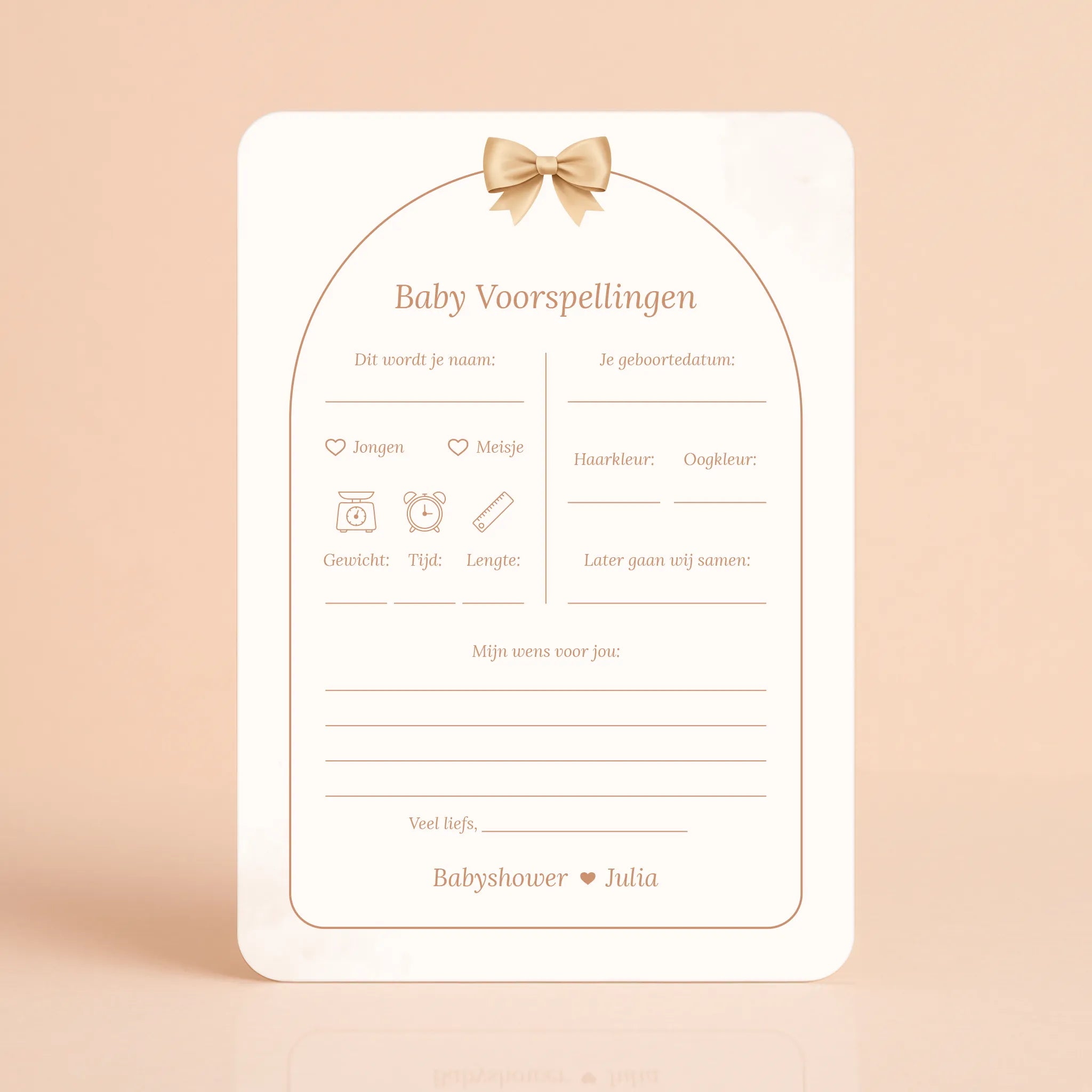 Babyshower invulkaart Baby Voorspellingen in Boho Strik stijl, gepersonaliseerd met naam – Studio Miron