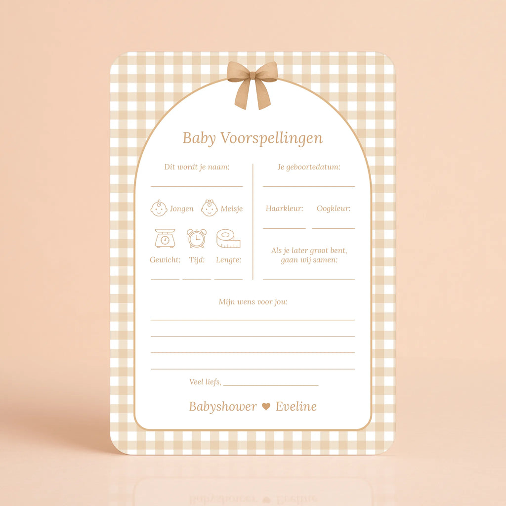 Babyshower invulkaart Baby Voorspellingen in gingham bruin stijl, gepersonaliseerd met naam – Studio Miron