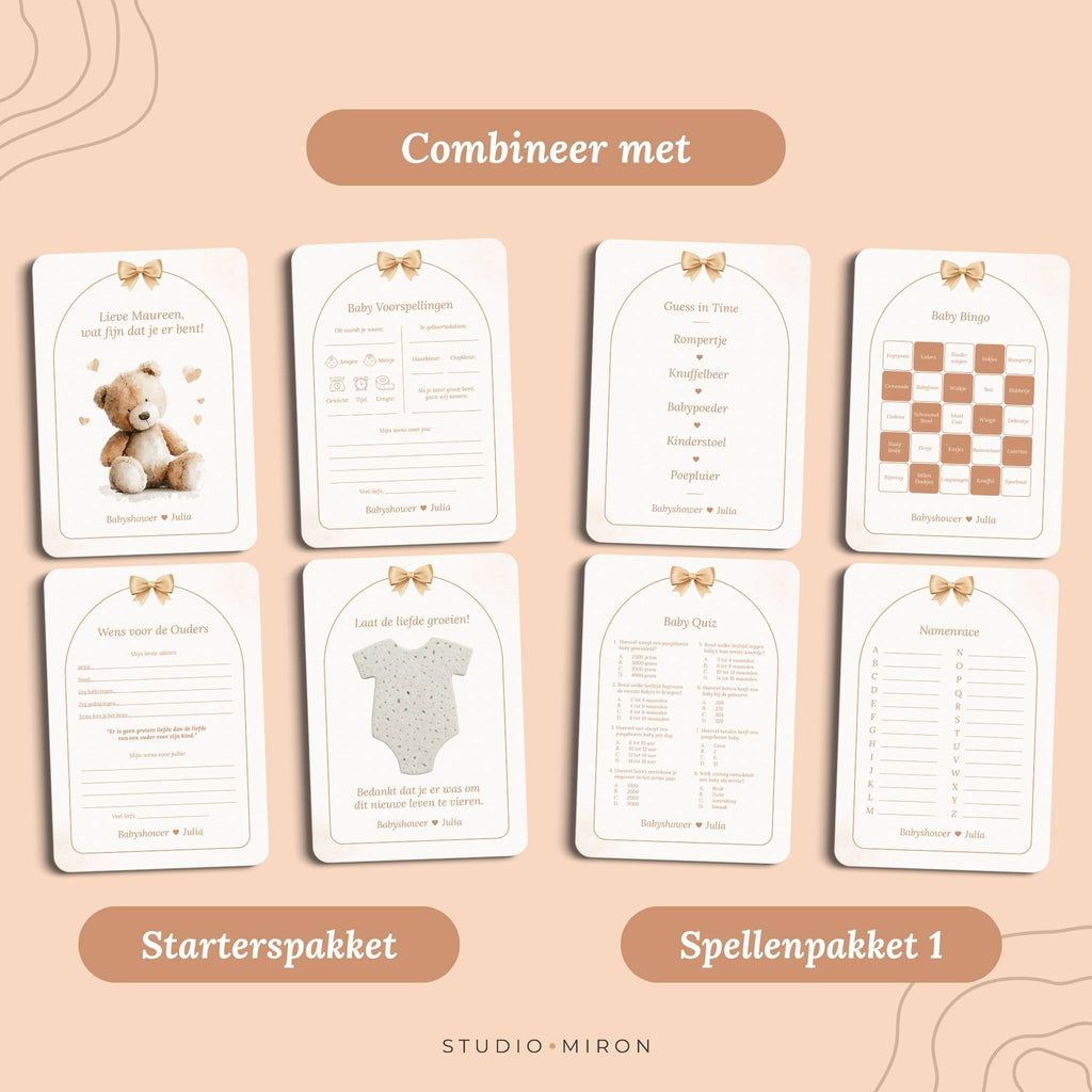 Babyshower invulkaarten combineren met Starterspakket en Spellenpakket 1 in Boho Beige Beer stijl van Studio Miron