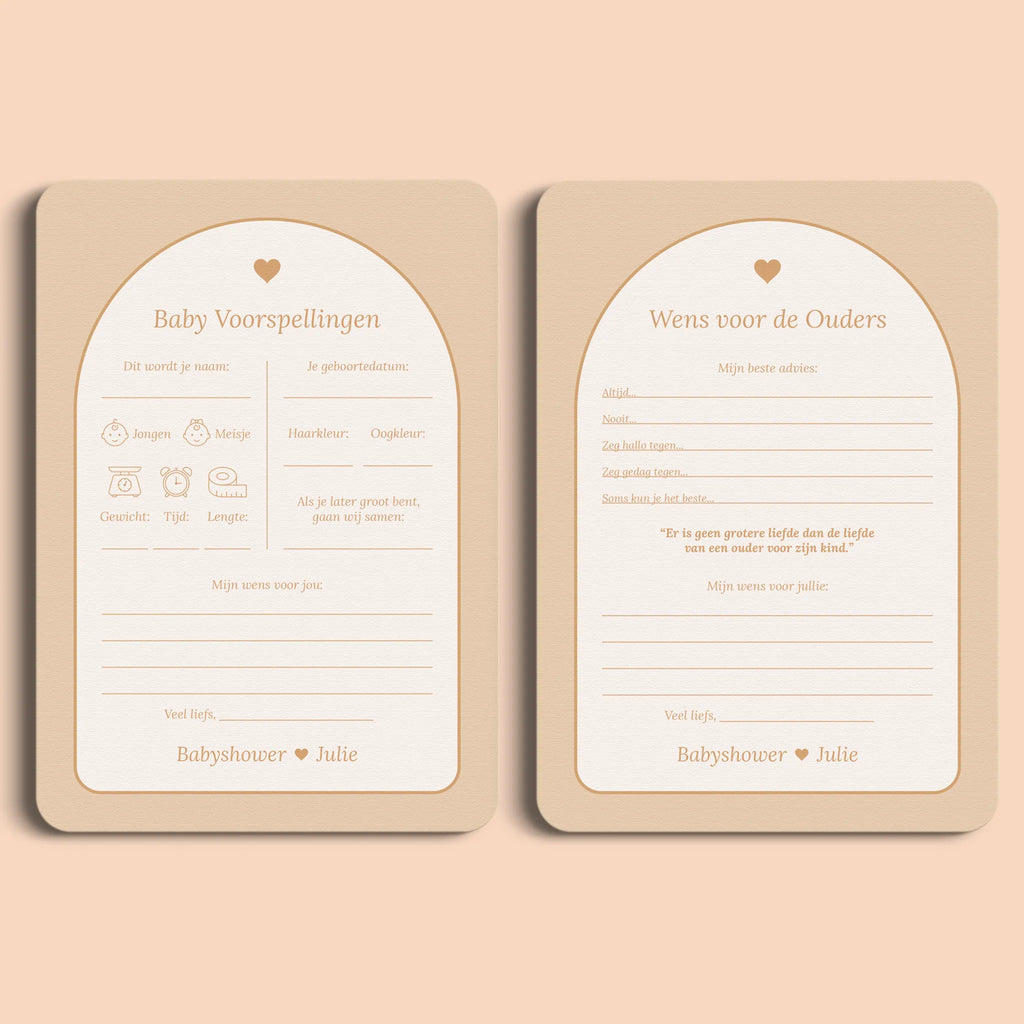 Babyshower invulkaarten Pakket in Boho Hartje stijl, met spellen en wensenkaarten – Studio Miron