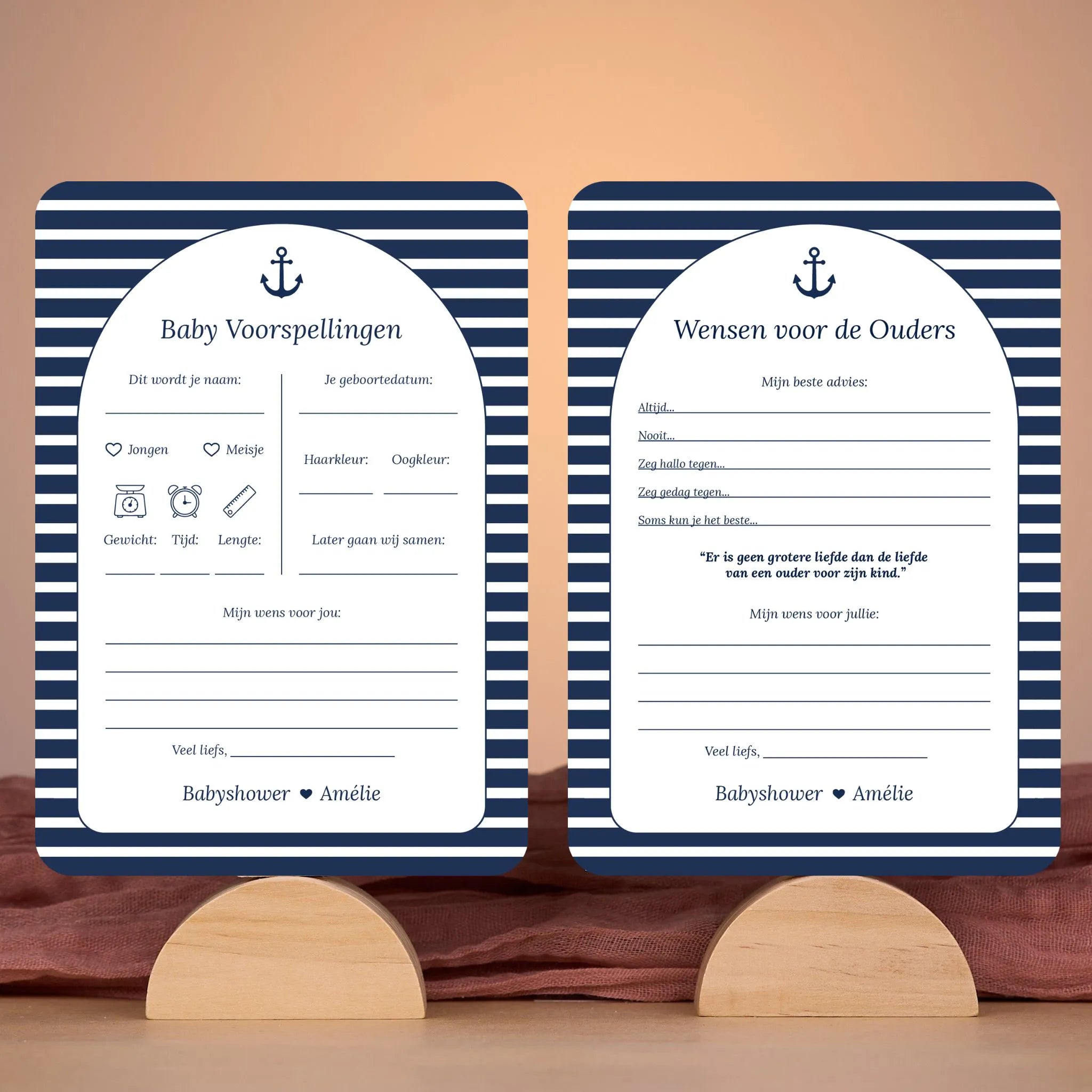 Babyshower invulkaarten Pakket in Navy Blue stijl, inclusief diverse spellen en wensenkaarten, gepersonaliseerd met naam – Studio Miron
