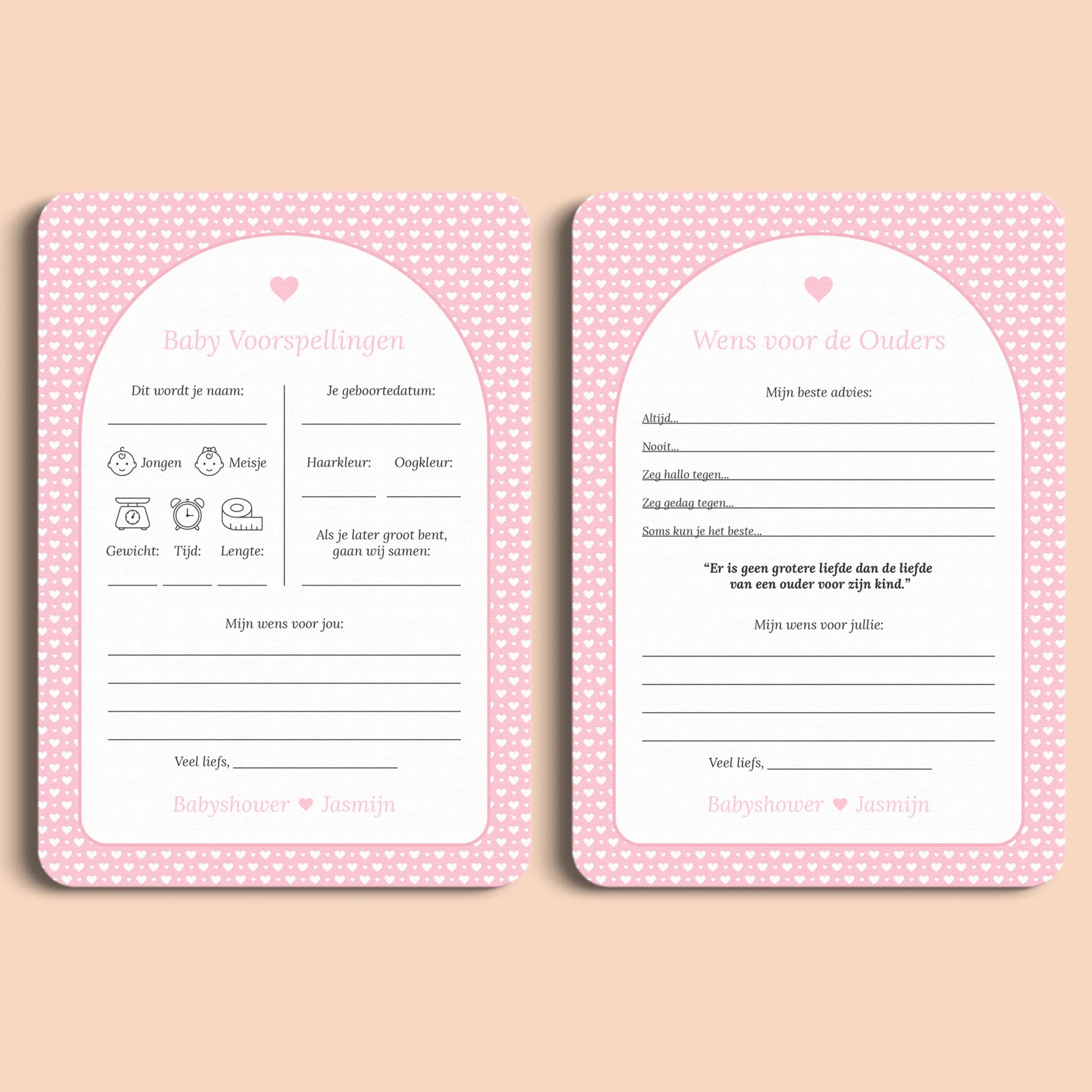 Babyshower set kaarten met witte hartjes op roze achtergrond  – Studio Miron