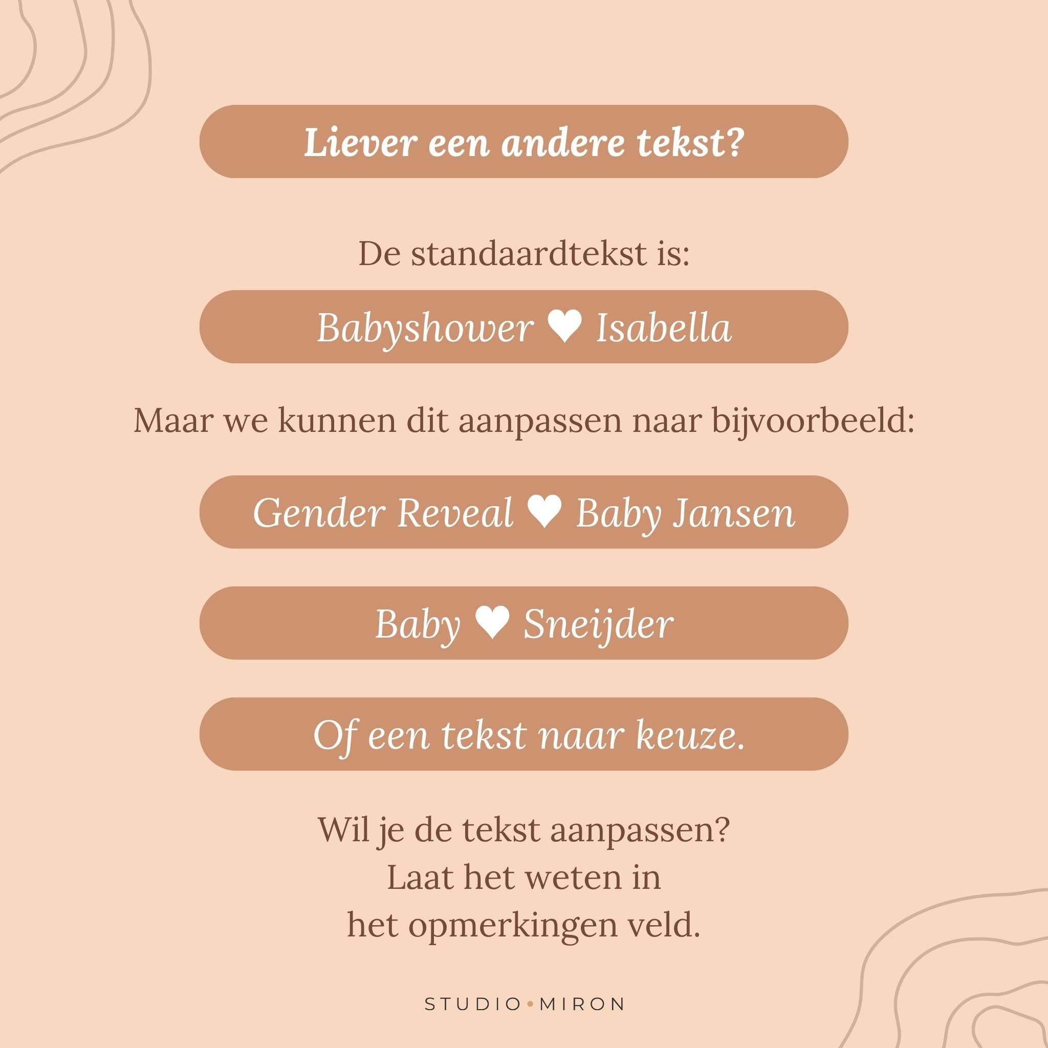 Voorbeeld van personalisatie bij babyshower invulkaarten met eigen tekst, zoals Babyshower Isabella of Gender Reveal Baby Jansen van Studio Miron