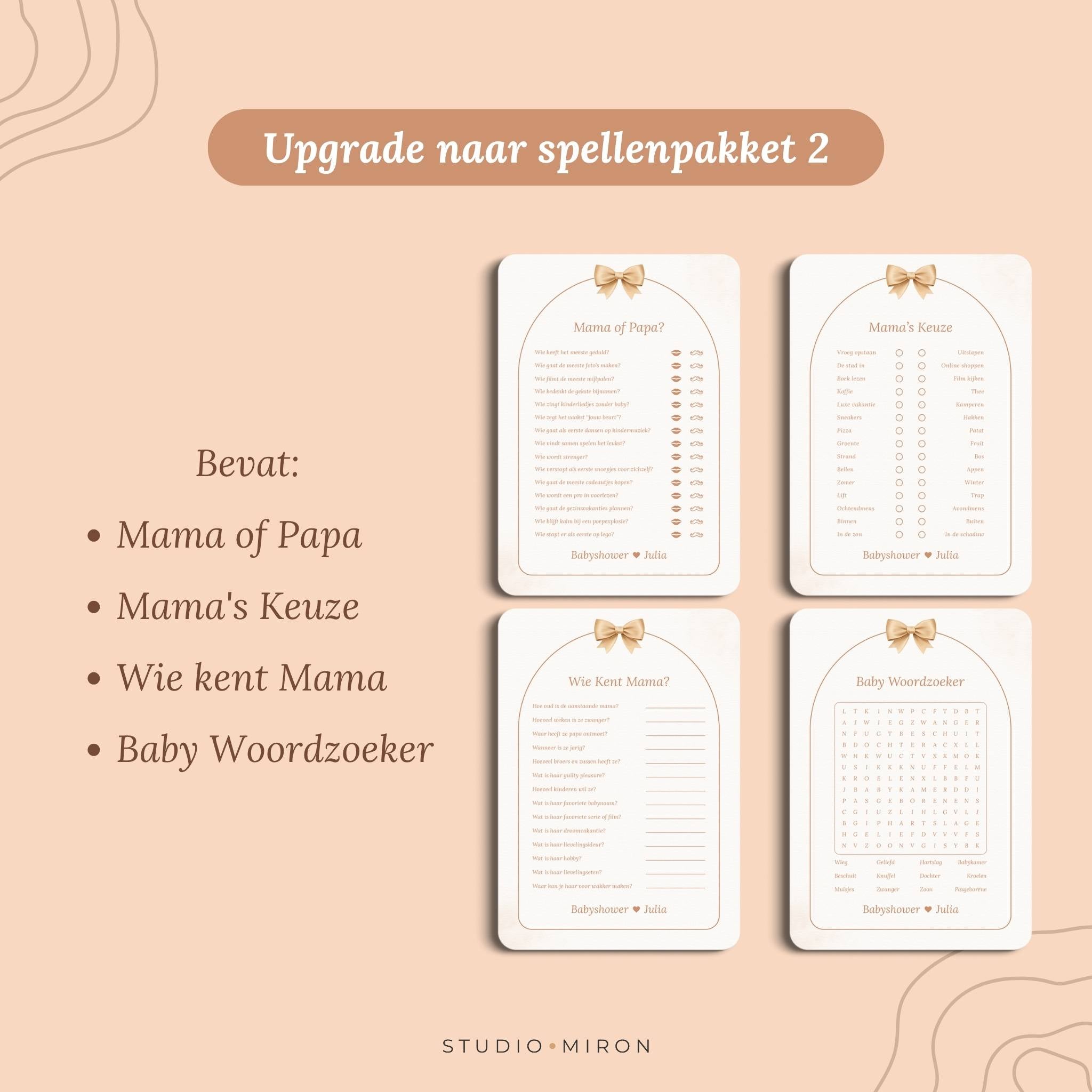 Babyshower invulkaarten Upgrade naar Spellenpakket 2 in Boho Beige Beertje stijl – Studio Miron