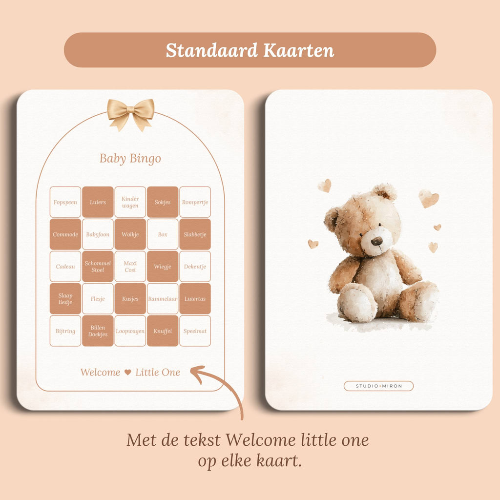 Babyshower spelletjes baby bingo boho beige beertje standaard voor en achter Studio Miron