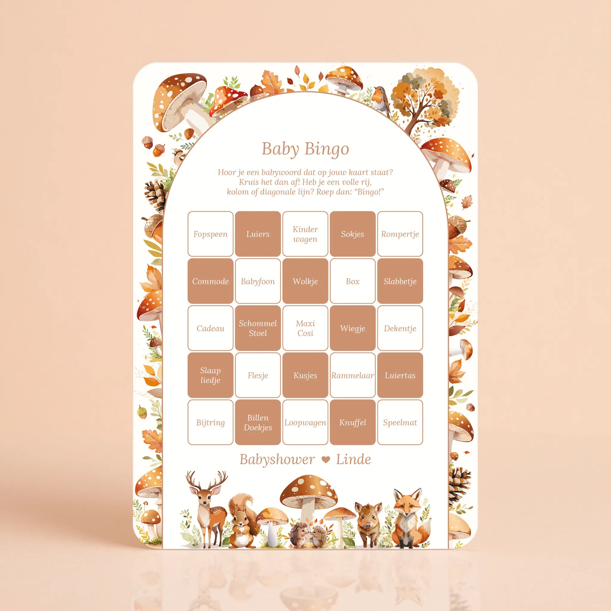 Babyshower spelkaart Baby Bingo in Bosdieren stijl, gepersonaliseerd met naam – Studio Miron