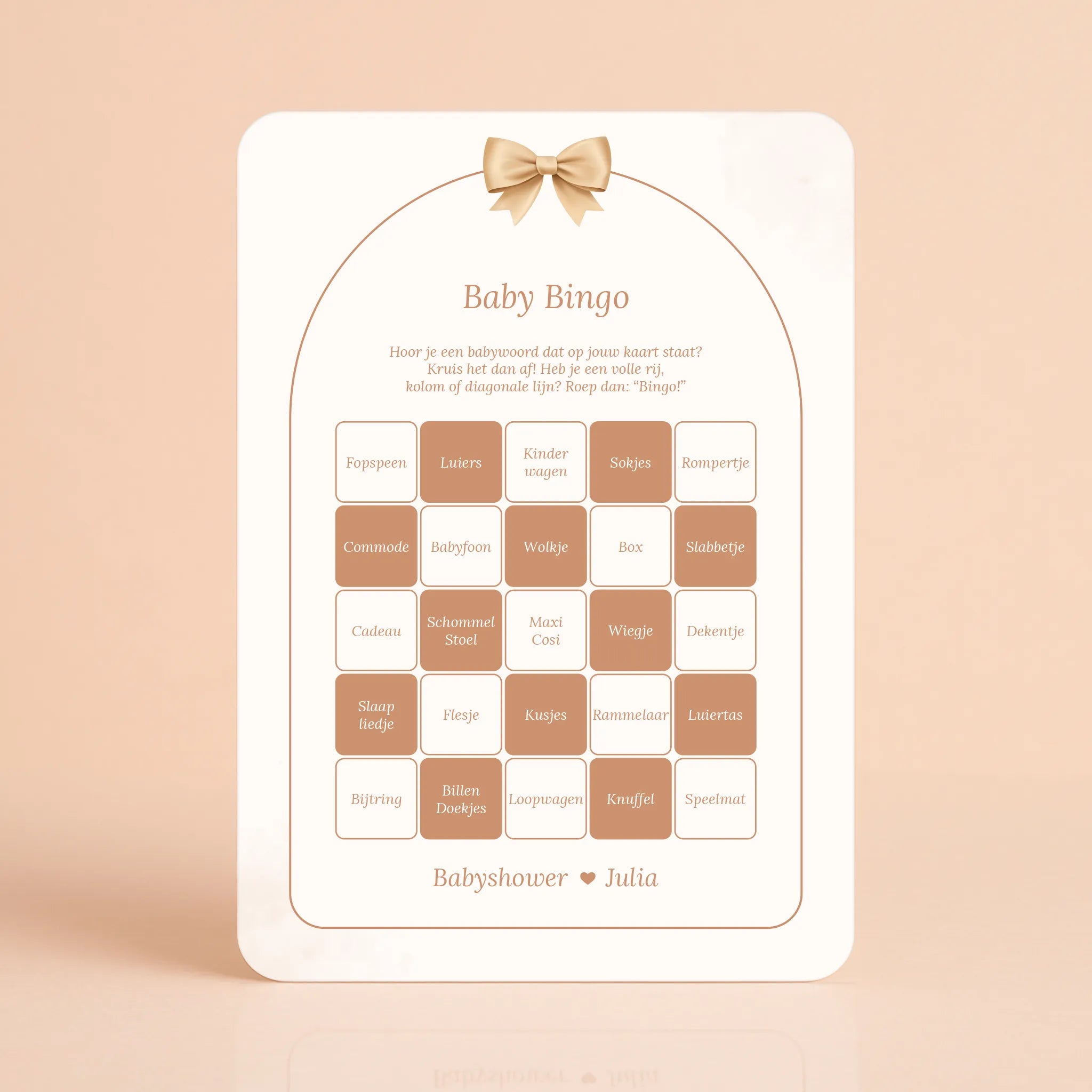 Babyshower spelkaart Baby Bingo in Boho Strik stijl, gepersonaliseerd met naam – Studio Miron