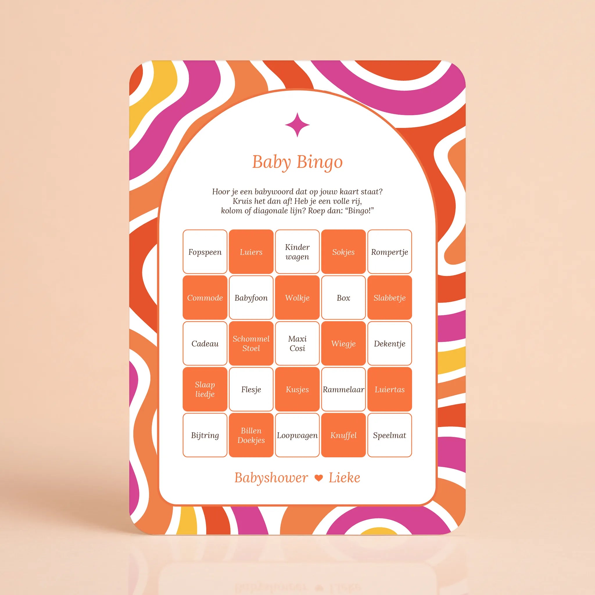 Babyshower spelkaart Baby Bingo in Flower Power stijl, gepersonaliseerd met naam – Studio Miron