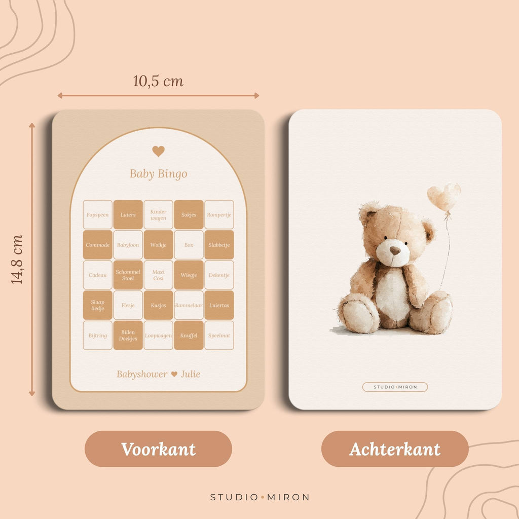 Babyshower spel Baby Bingo in Boho Beige Zand stijl, formaat voorkant en achterkant – Studio Miron