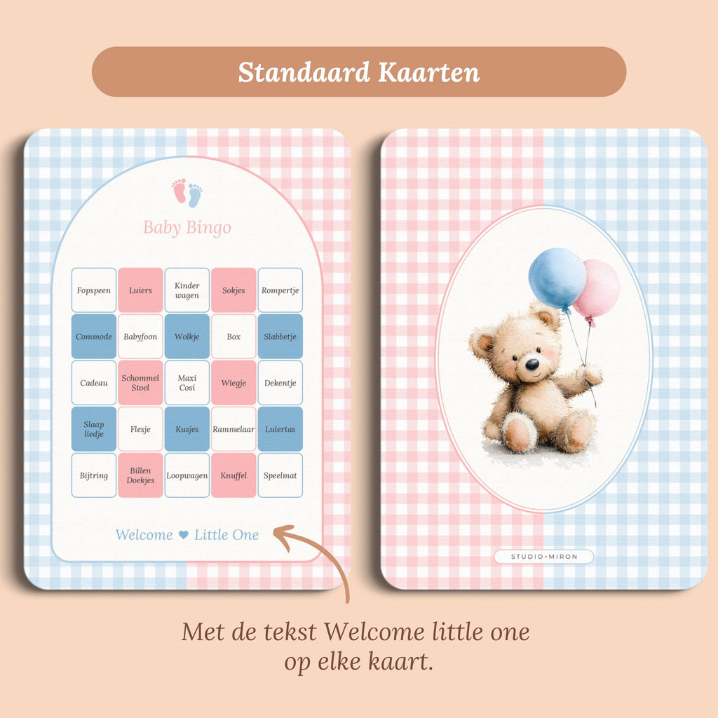 Babyshower spelletjes baby bingo gingham roze blauw standaard voor en achter Studio Miron
