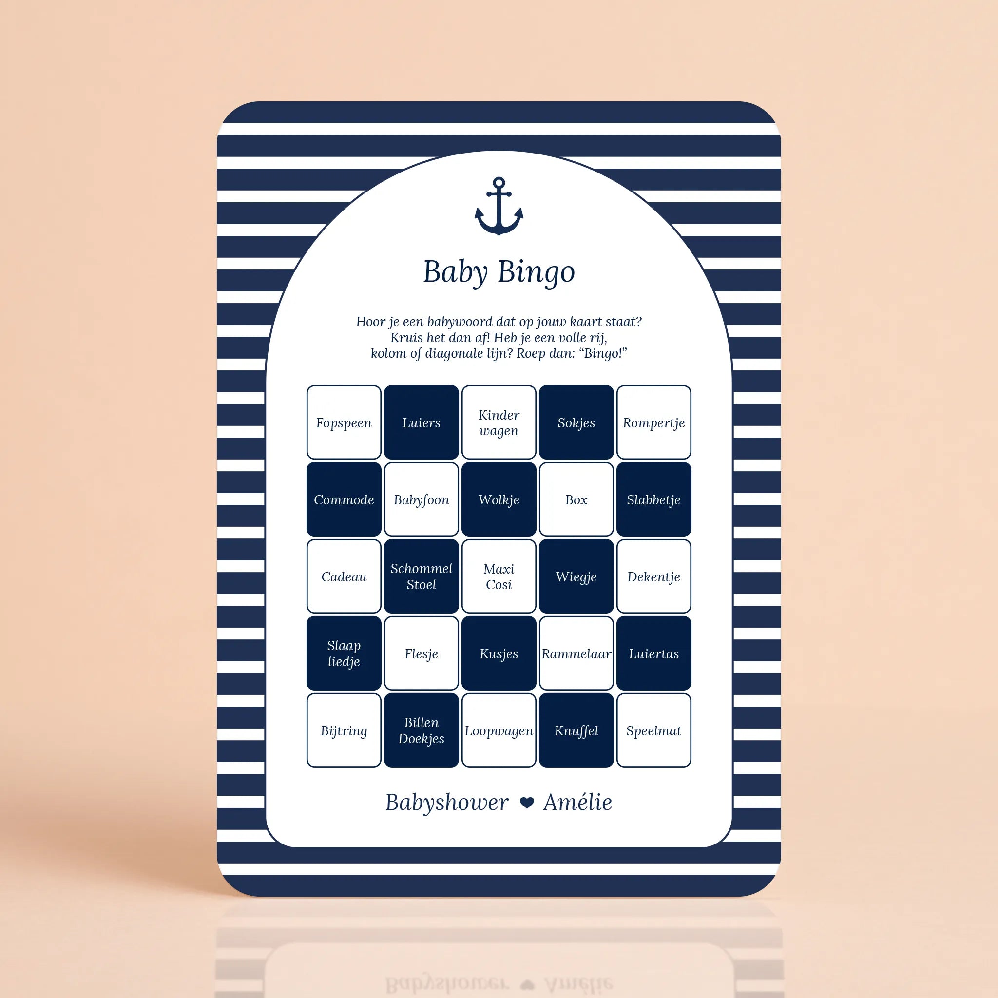 Babyshower spelkaart Baby Bingo in Navy Blue stijl, gepersonaliseerd met naam – Studio Miron