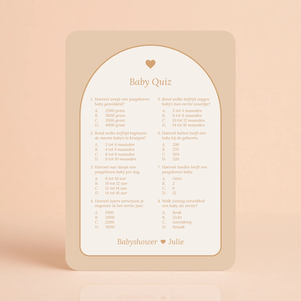 Babyshower spelkaart Baby Quiz in Boho Hartje stijl, gepersonaliseerd met naam – Studio Miron