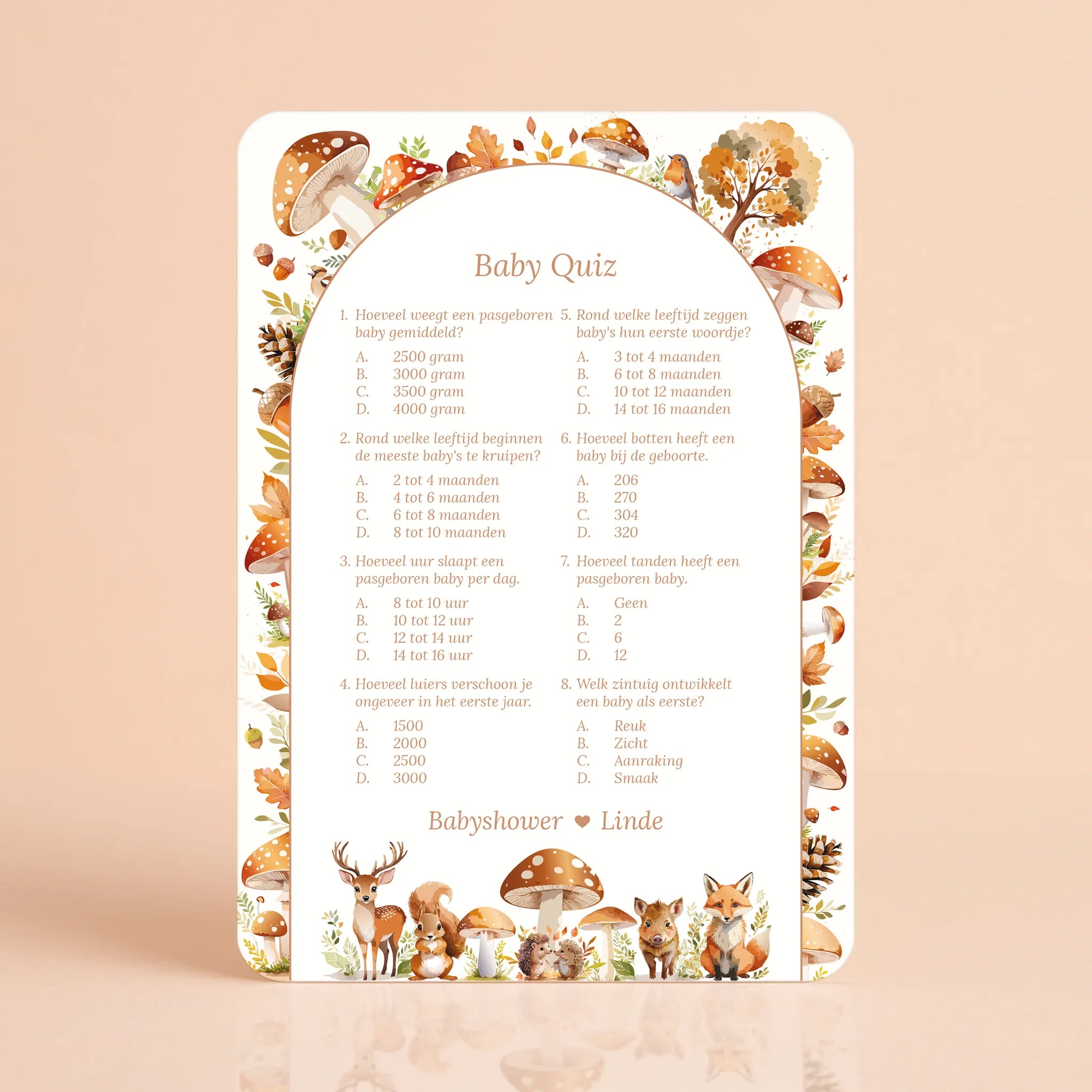 Babyshower spelkaart Baby Quiz in Bosdieren stijl, gepersonaliseerd met naam – Studio Miron