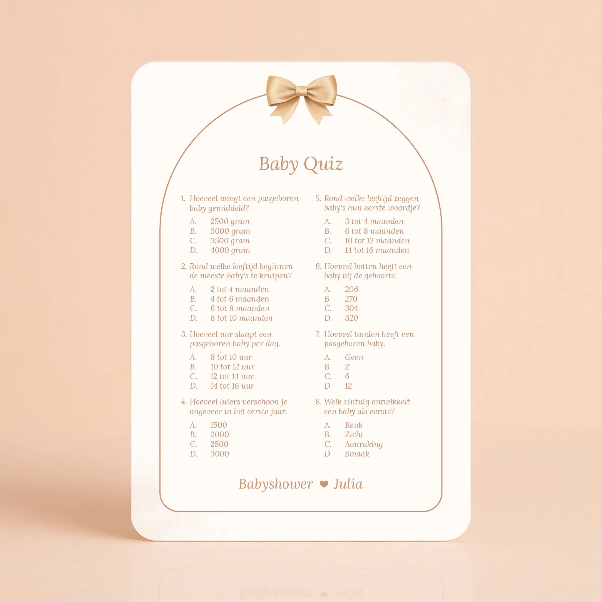 Babyshower spelkaart Baby Quiz in Boho Strik stijl, gepersonaliseerd met naam – Studio Miron