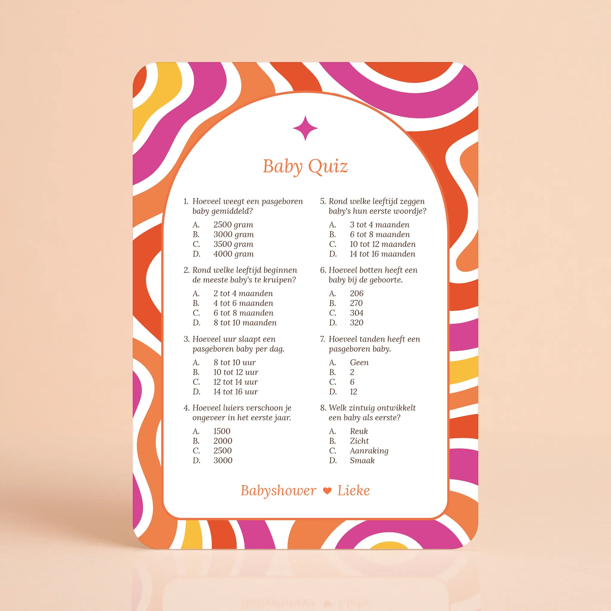 Babyshower spelkaart Baby Quiz in Flower Power stijl, gepersonaliseerd met naam – Studio Miron