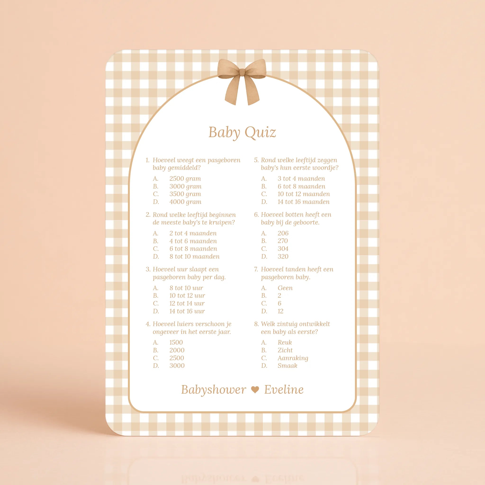 Babyshower spelkaart Baby Quiz in Gingham Bruin stijl, gepersonaliseerd met naam – Studio Miron