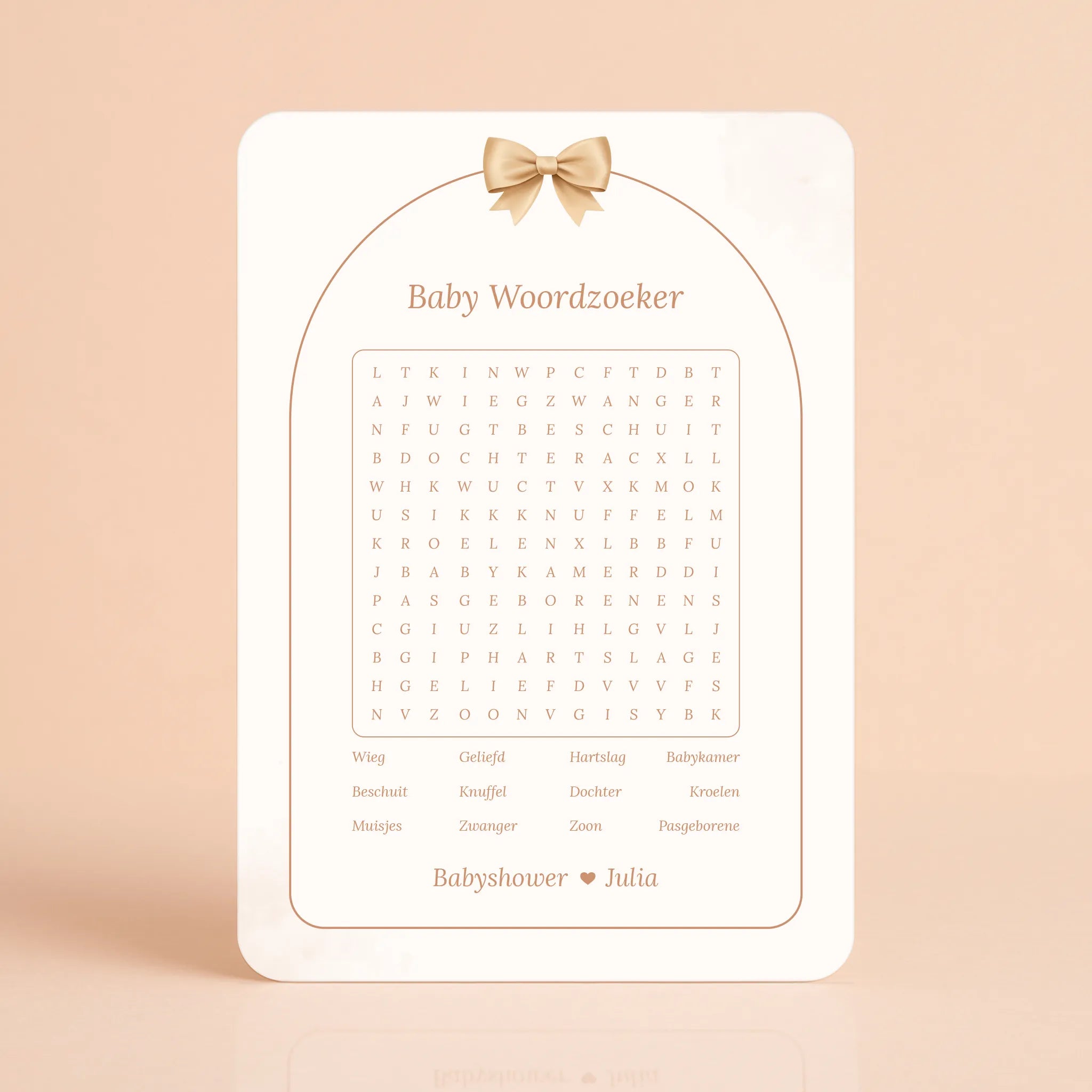 Babyshower spelkaart Baby Woordzoeker in Boho Strik stijl, gepersonaliseerd met naam – Studio Miron