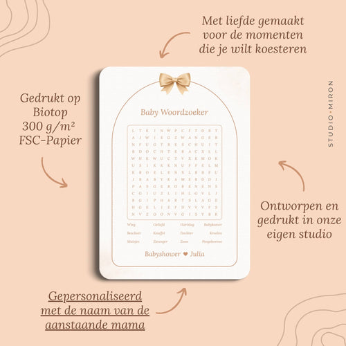 Babyshower spel Baby Woordzoeker in Boho Beige Beertje stijl, pluspunten – Studio Miron