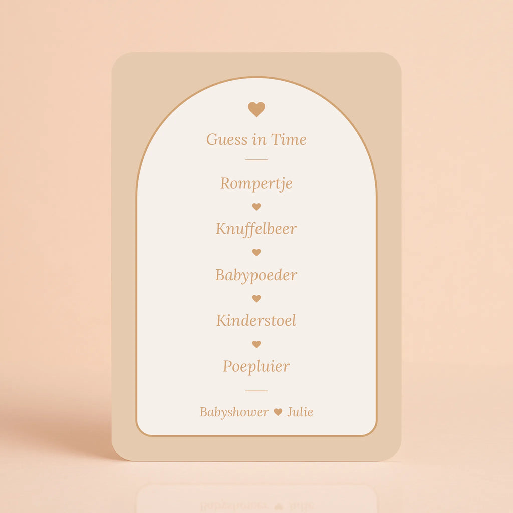 Babyshower spelkaart Guess in Time in Boho Hartje stijl, gepersonaliseerd met naam – Studio Miron