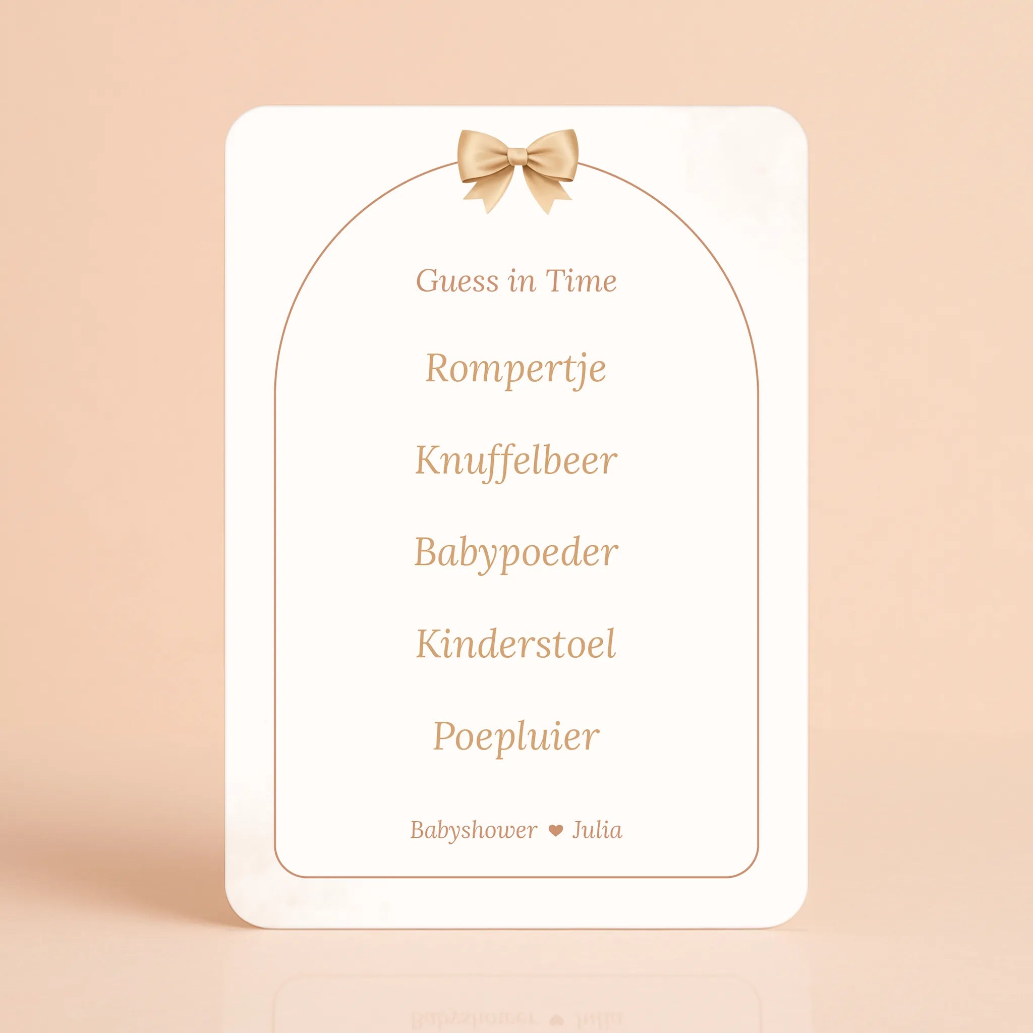 Babyshower spelkaart Guess in Time in Boho Strik stijl, gepersonaliseerd met naam – Studio Miron