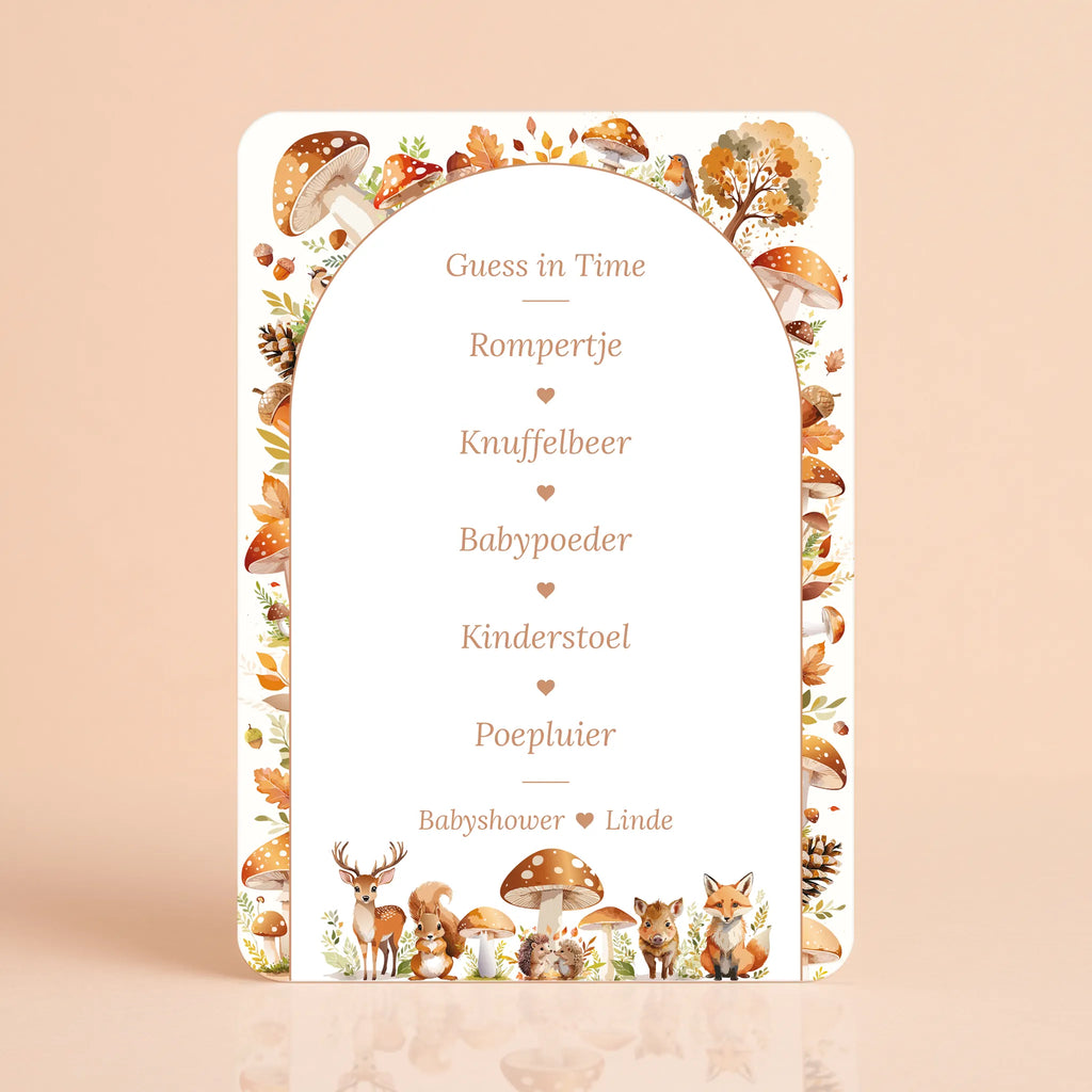 Babyshower spelkaart Guess in Time in Bosdieren stijl, gepersonaliseerd met naam – Studio Miron