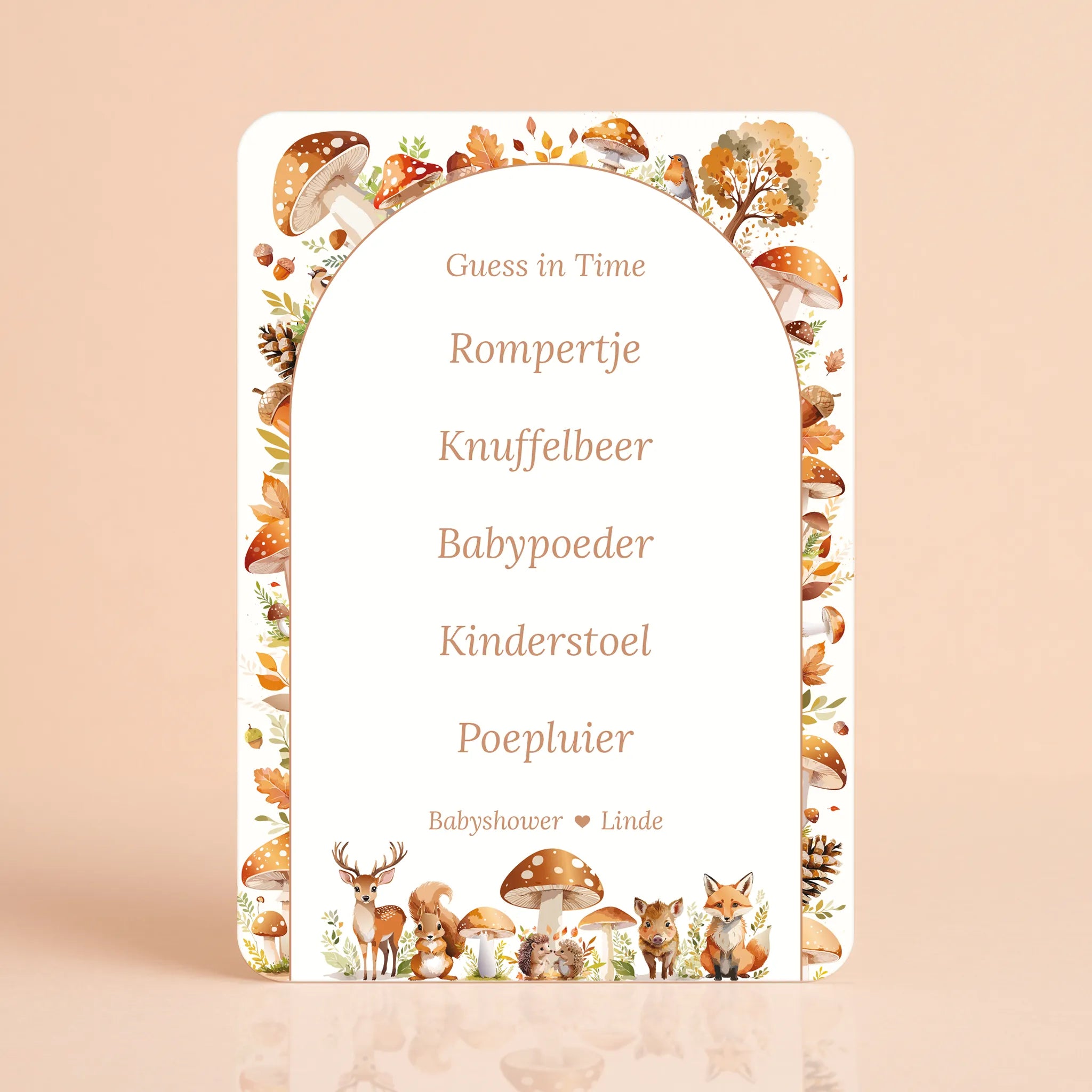 Babyshower spelkaart Guess in Time in Bosdieren stijl, gepersonaliseerd met naam – Studio Miron