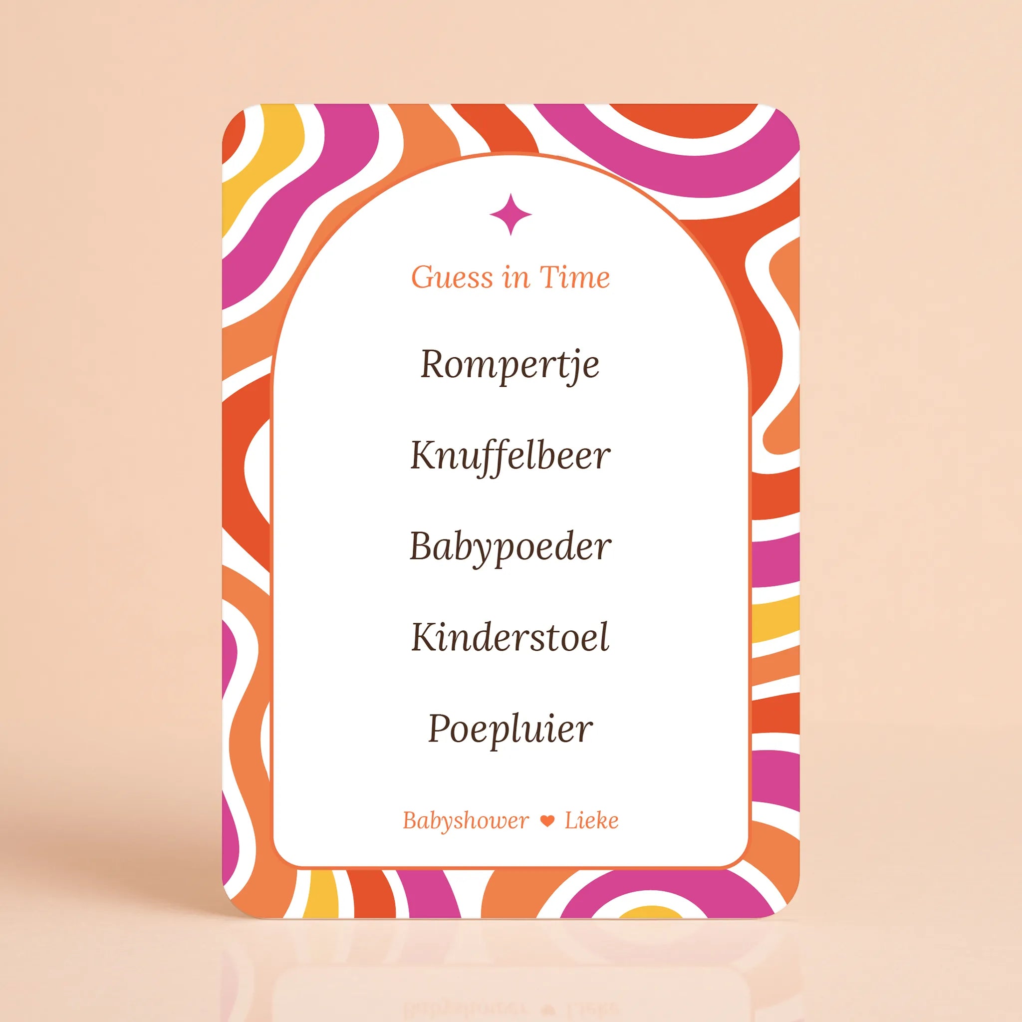 Babyshower spelkaart Guess in Time in Flower Power stijl, gepersonaliseerd met naam – Studio Miron