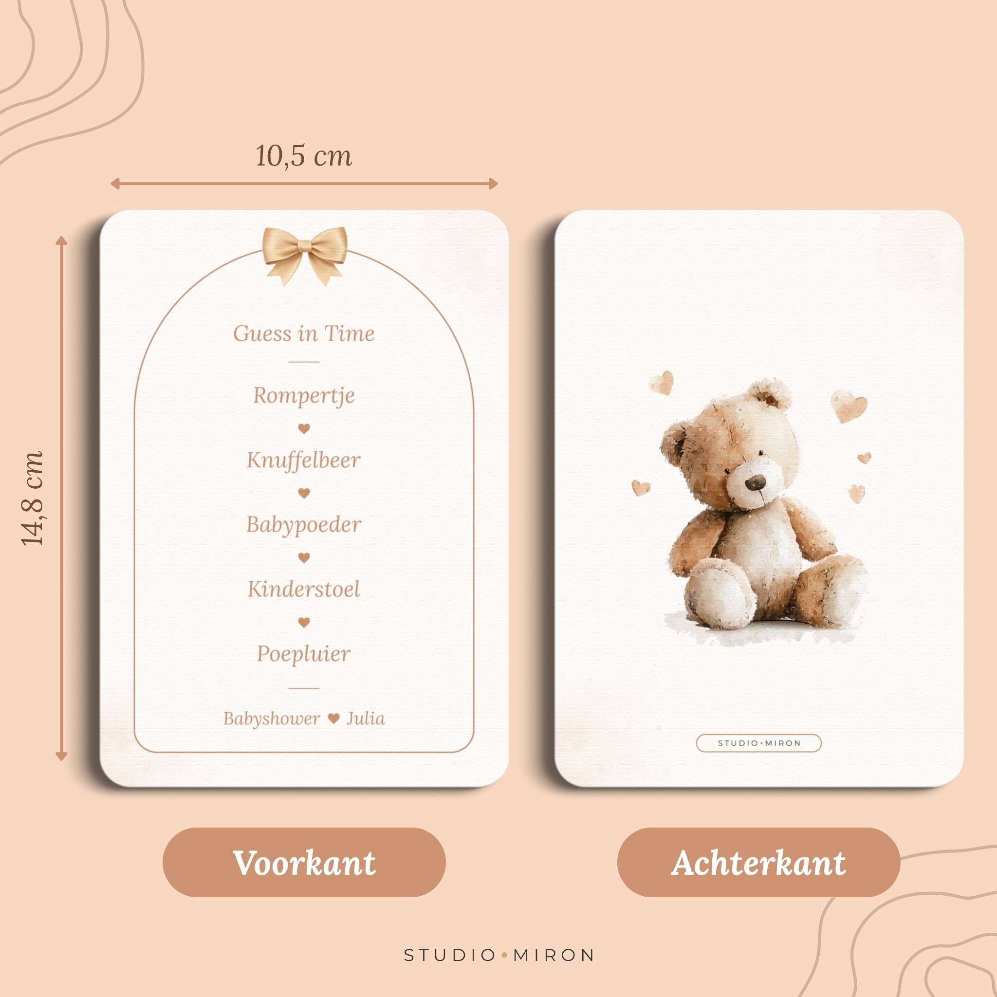 Babyshower spel Guess in Time in Boho Beige Beertje stijl, formaat voorkant en achterkant – Studio Miron