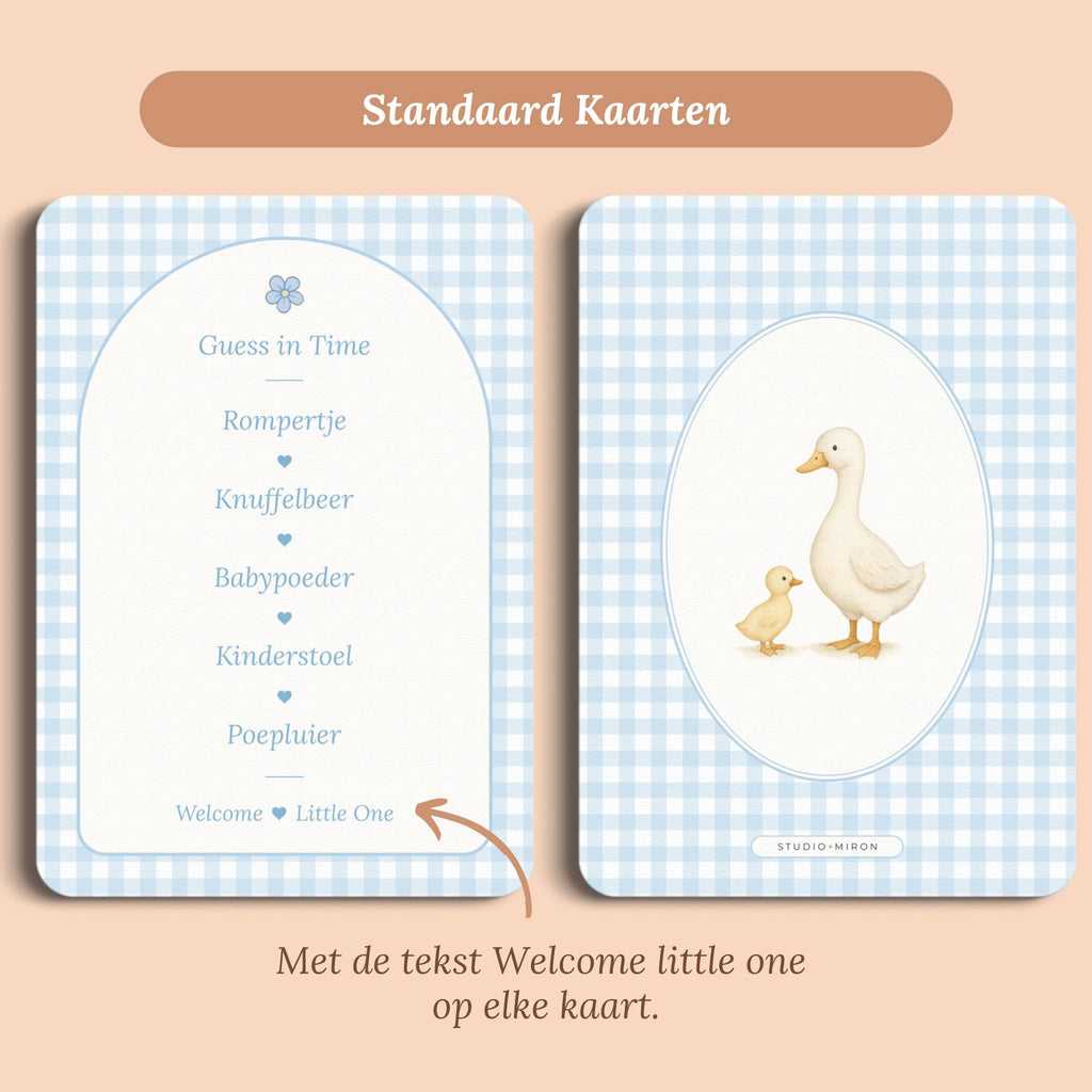 Babyshower spelletjes guess in time gingham blauw standaard voor en achter Studio Miron