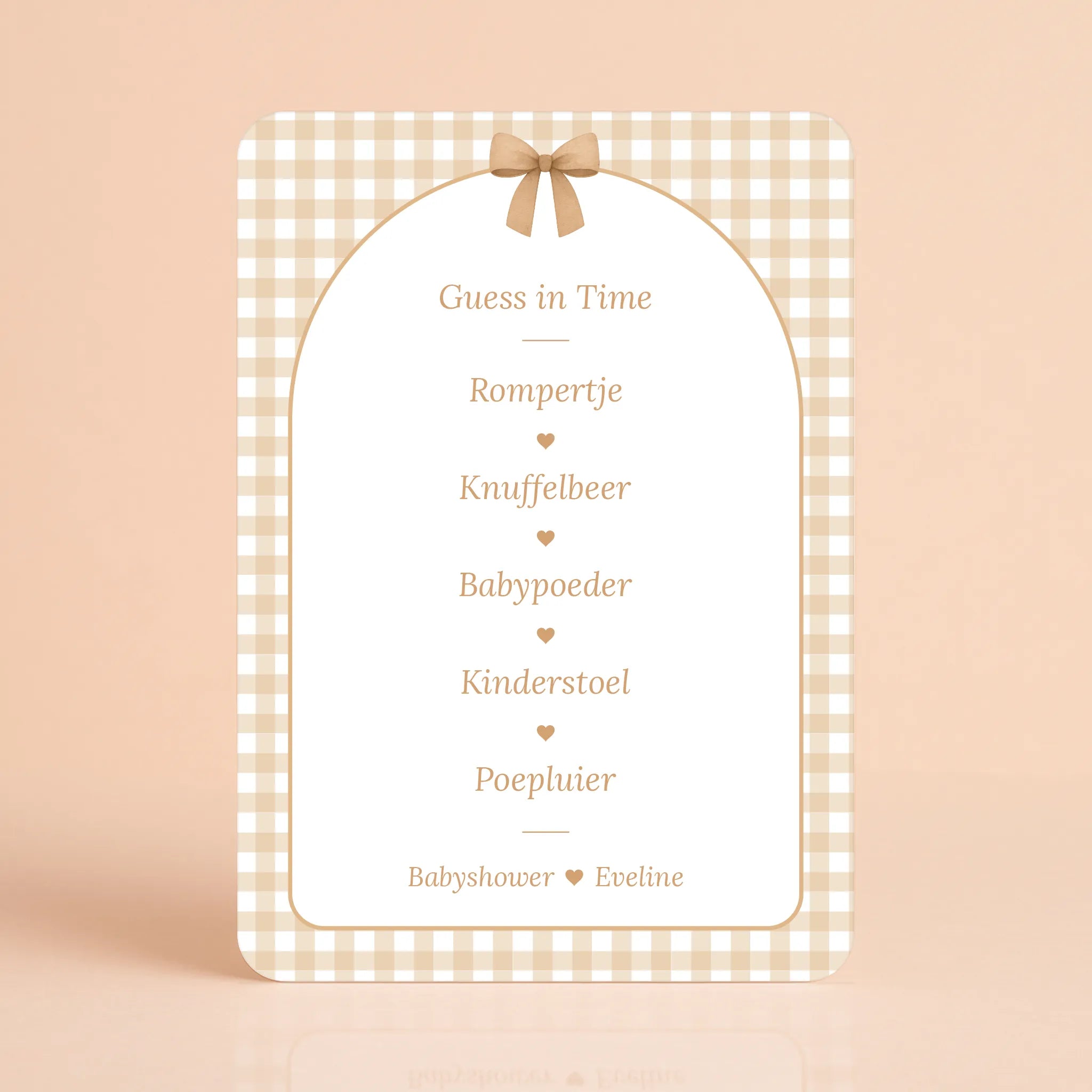 Babyshower spelkaart Guess in Time in gingham bruin stijl, gepersonaliseerd met naam – Studio Miron