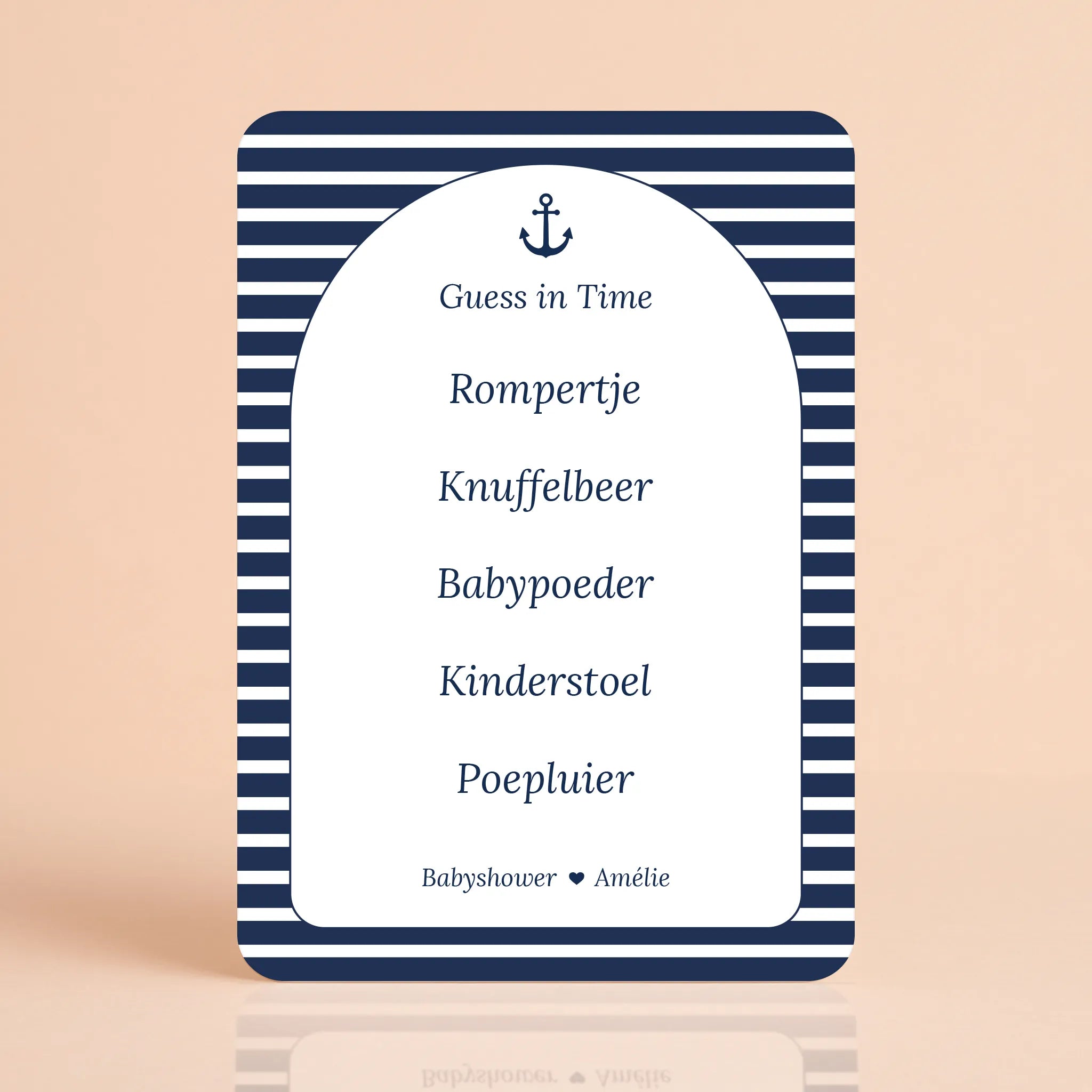 Babyshower spelkaart Guess in Time in Navy Blue stijl, gepersonaliseerd met naam – Studio Miron