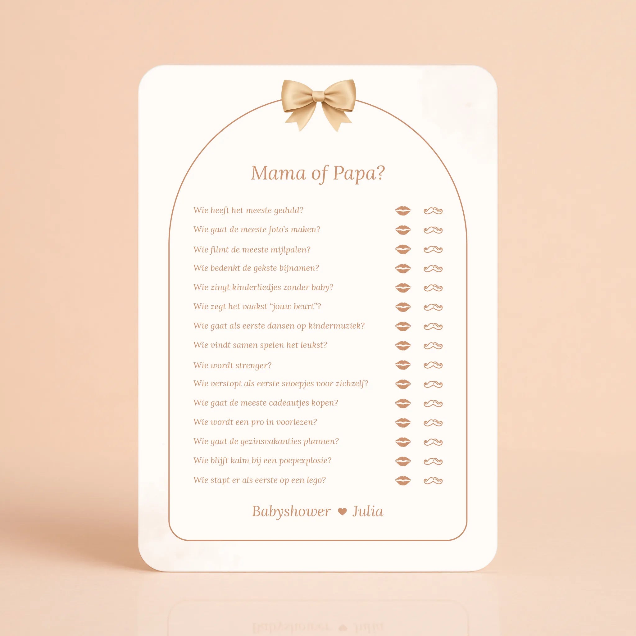 Babyshower spelkaart Mama of Papa in Boho Strik stijl, gepersonaliseerd met naam – Studio Miron