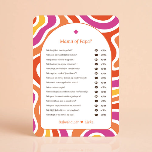 Babyshower spelkaart Mama of Papa in Flower Power stijl, gepersonaliseerd met naam – Studio Miron
