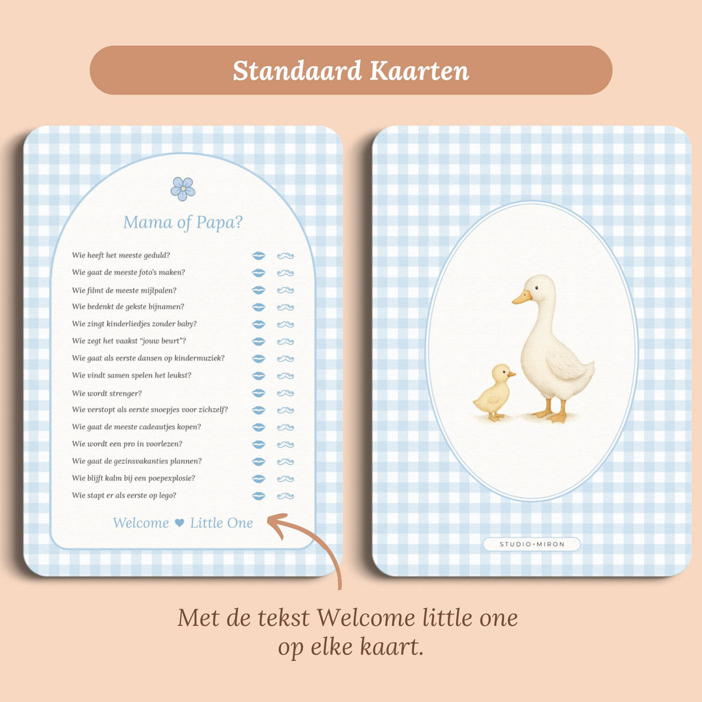 Babyshower spelletjes mama of papa gingham blauw standaard voor en achter Studio Miron