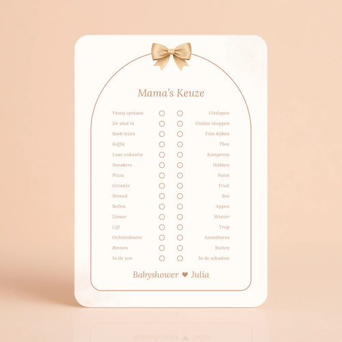 Babyshower spelkaart Mama’s Keuze in Boho Beige met Beertje stijl, gepersonaliseerd met naam – Studio Miron