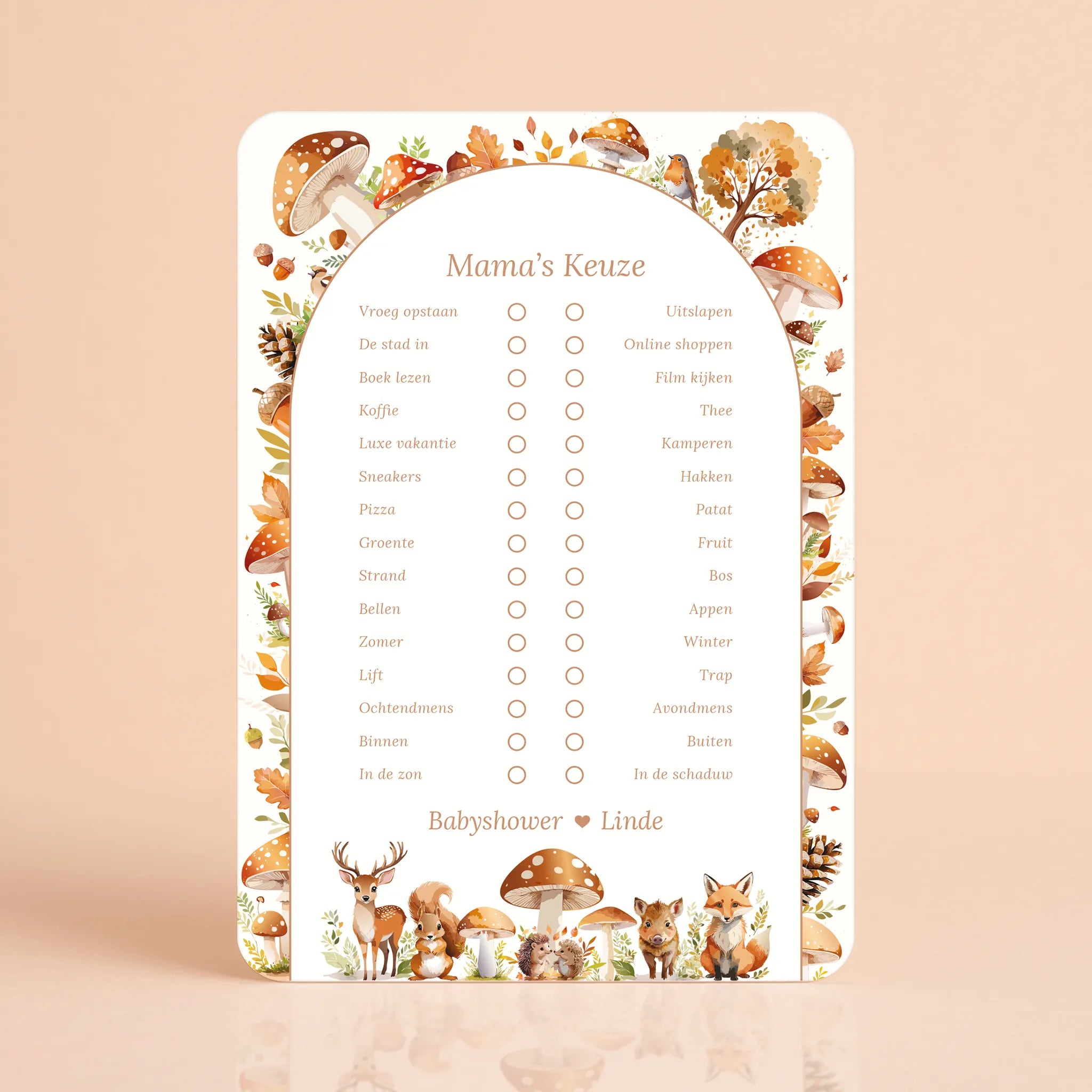 Babyshower spelkaart Mama’s Keuze in Bosdieren stijl, gepersonaliseerd met naam – Studio Miron
