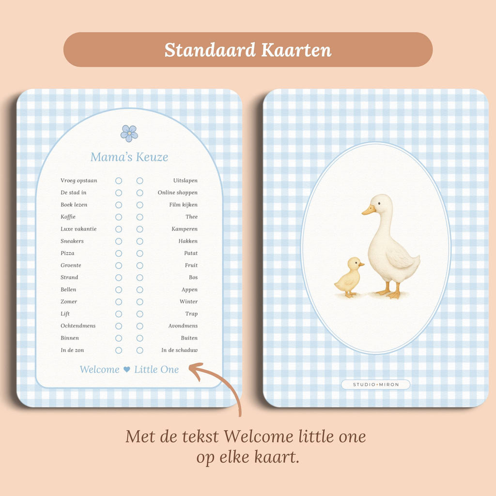 Babyshower spelletjes mamas keuze gingham blauw standaard voor en achter Studio Miron