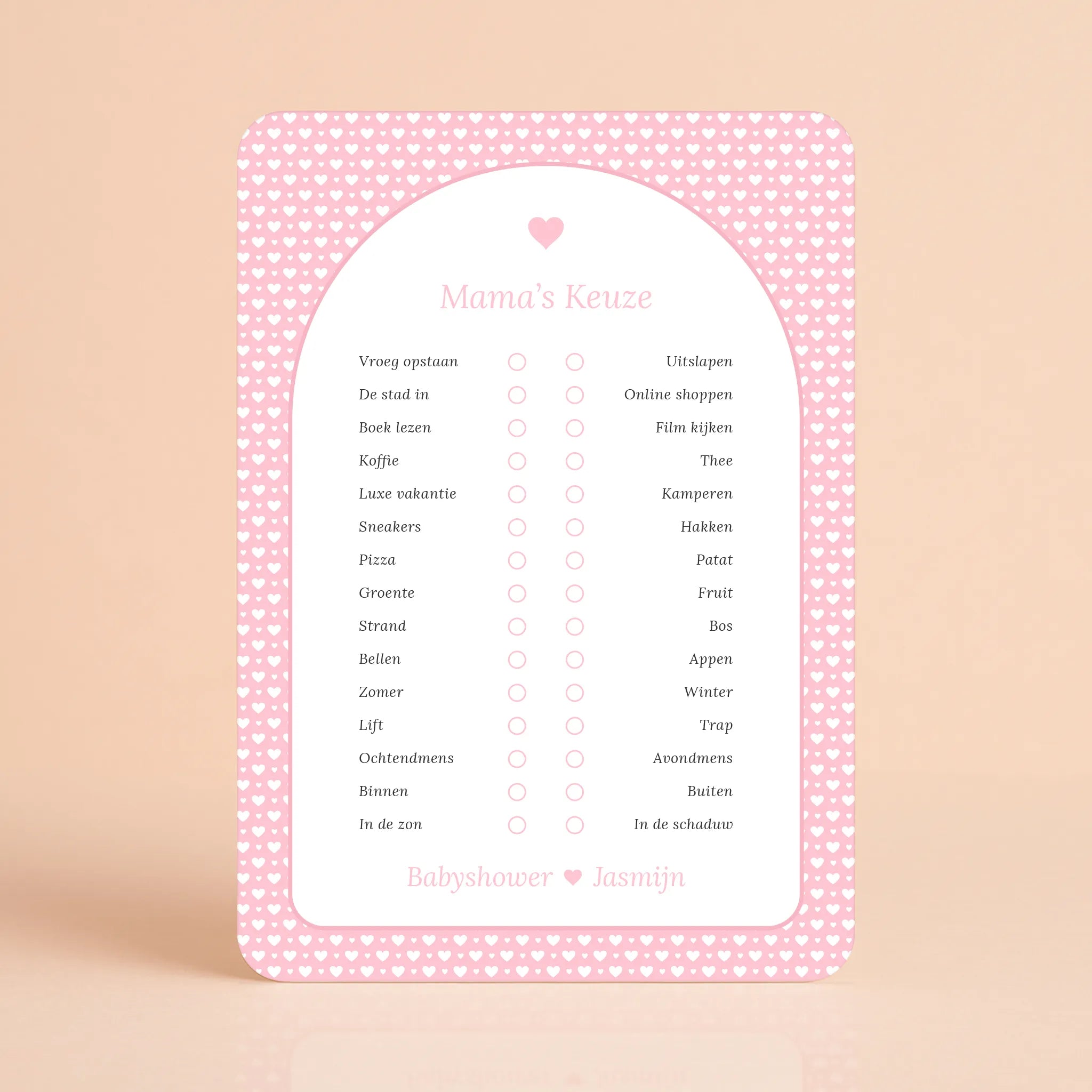 Mama’s Keuze kaart met witte hartjes op roze achtergrond, gepersonaliseerd met naam – Studio Miron