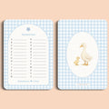 Babyshower spelletjes namenrace gingham blauw voor en achter Studio Miron
