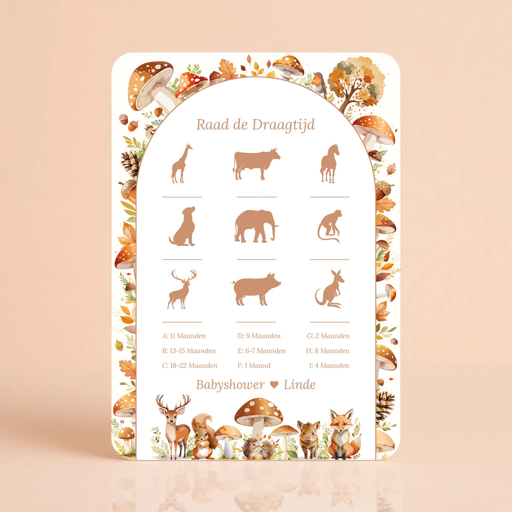 Babyshower spelkaart Raad de Draagtijd in Bosdieren stijl, gepersonaliseerd met naam – Studio Miron