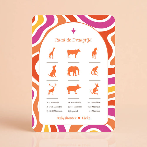 Babyshower spelkaart Raad de Draagtijd in Flower Power stijl, gepersonaliseerd – Studio Miron
