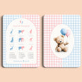 Babyshower spelletjes raad de draagtijd gingham roze blauw voor en achter Studio Miron